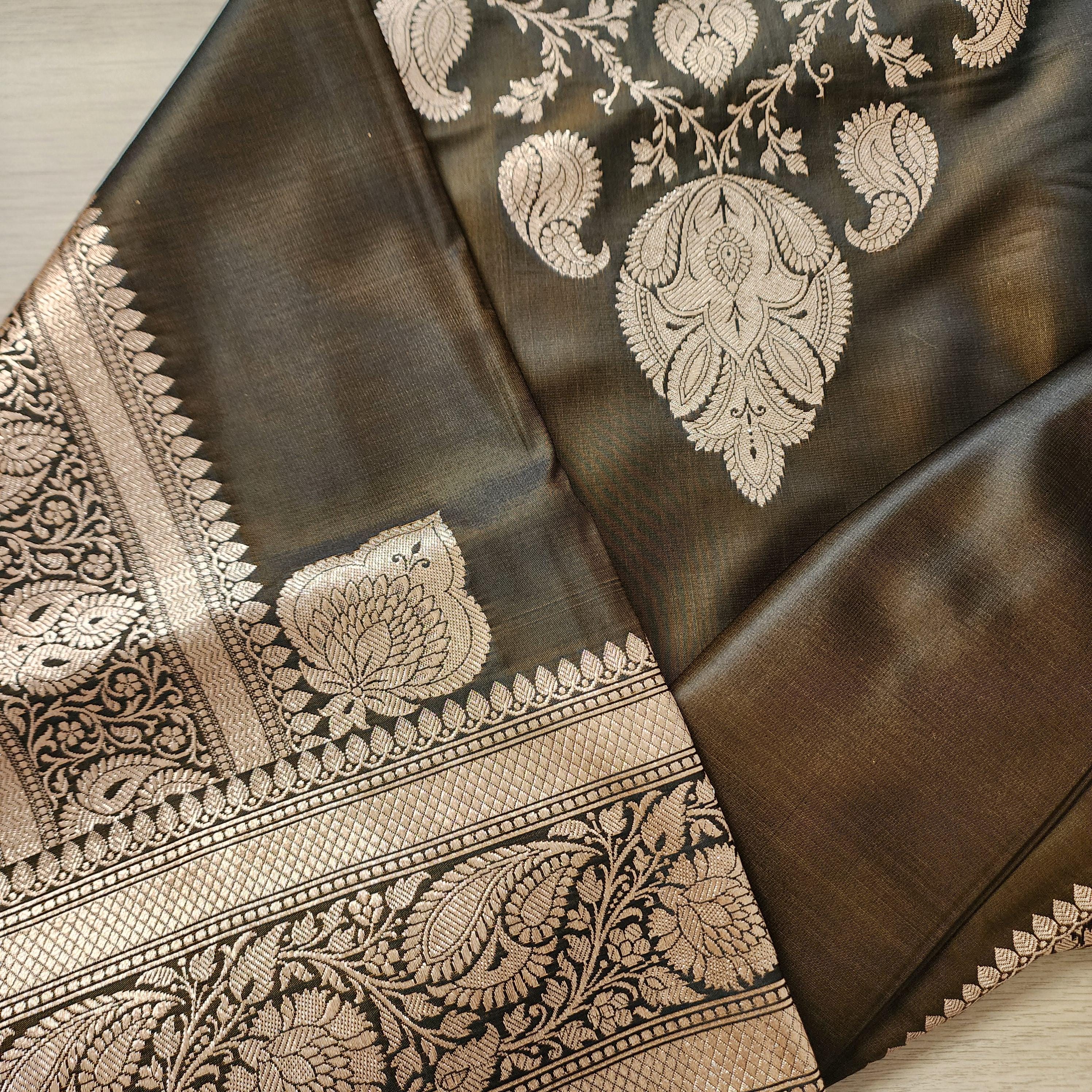 Rich Caramel Brown Pure Banarasi Katan Silk Saree with light Gold Zari Weaving