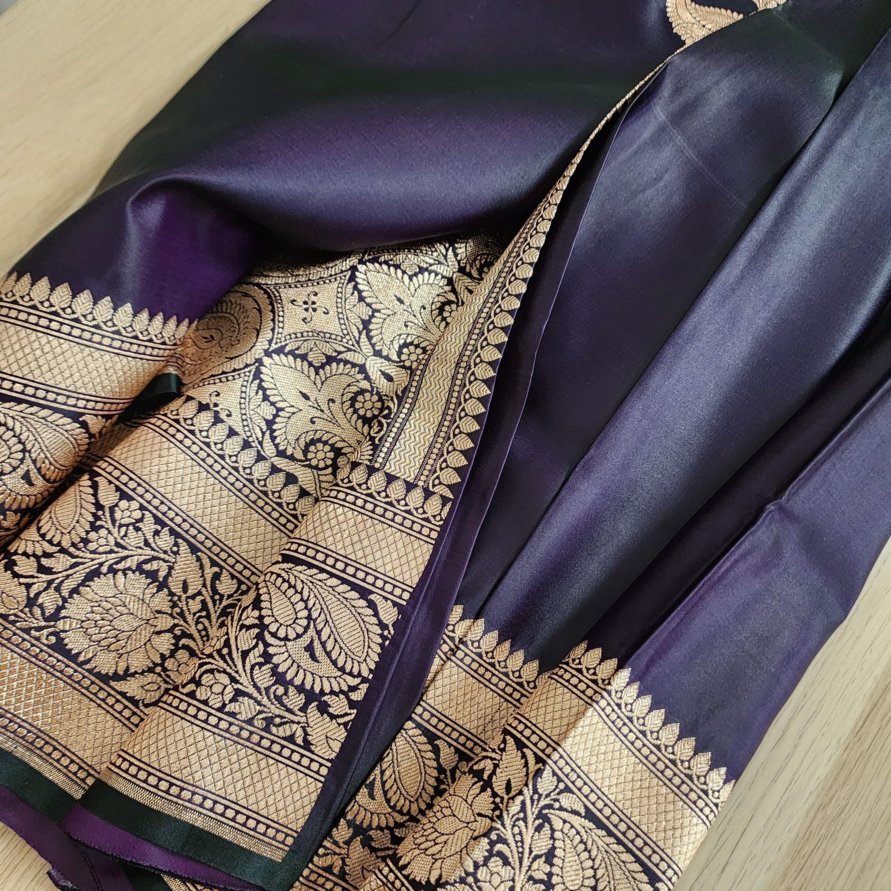 Rich Purple Pure Banarasi Katan Silk Saree with light Gold Zari Weaving
