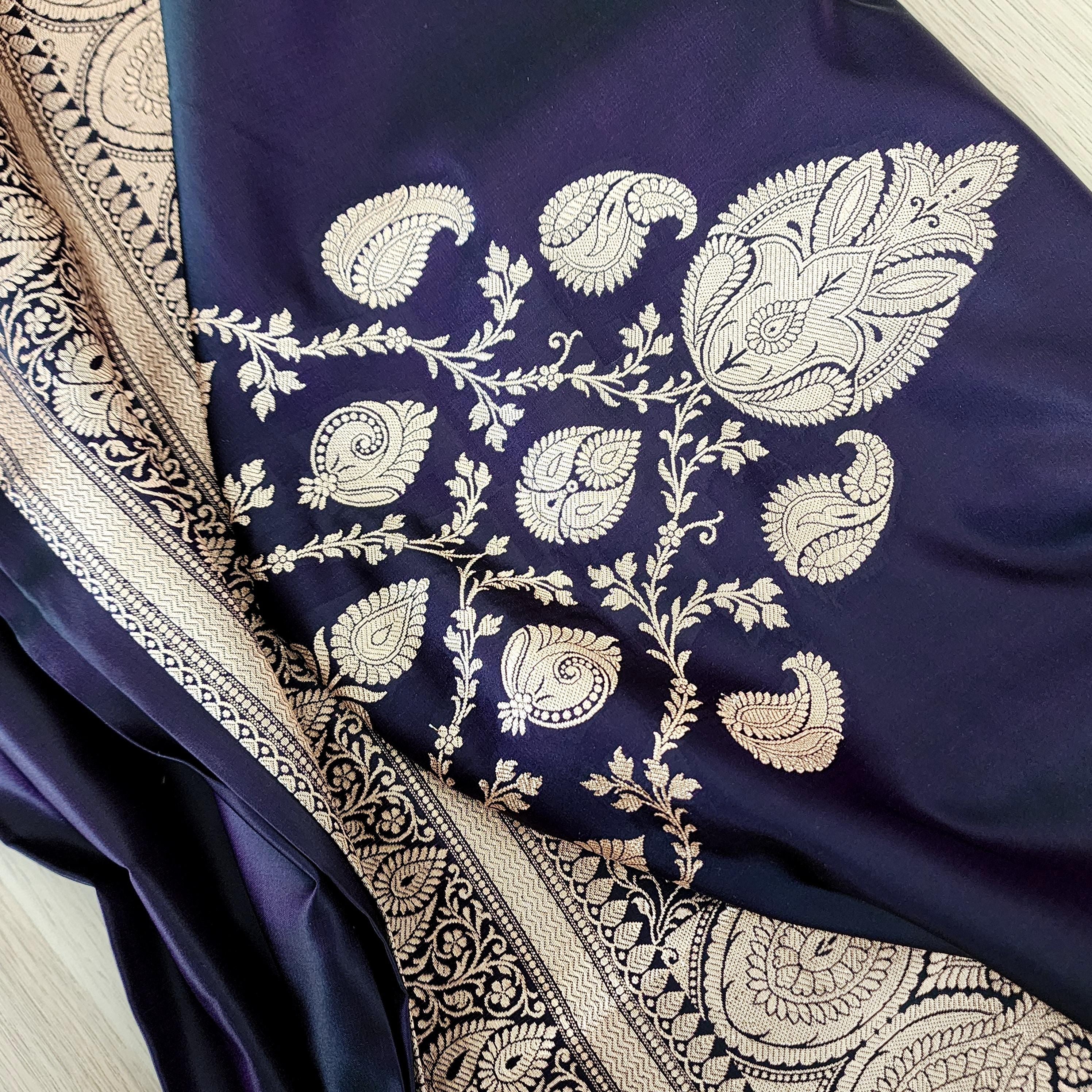 Rich Purple Pure Banarasi Katan Silk Saree with light Gold Zari Weaving