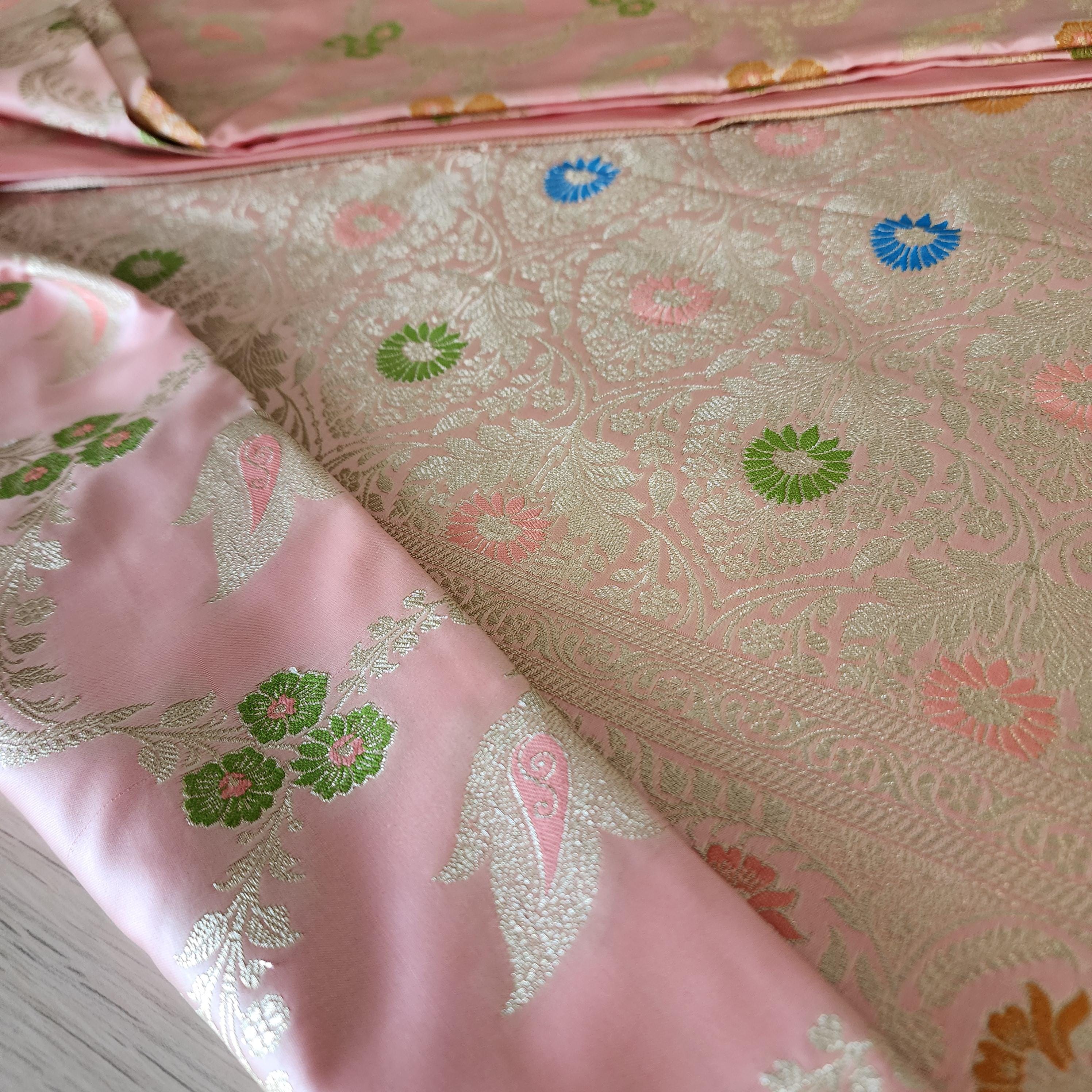 Royal Banarasi Katan Silk Saree | Blush Pink Multicolor Meenakari Floral Jaal