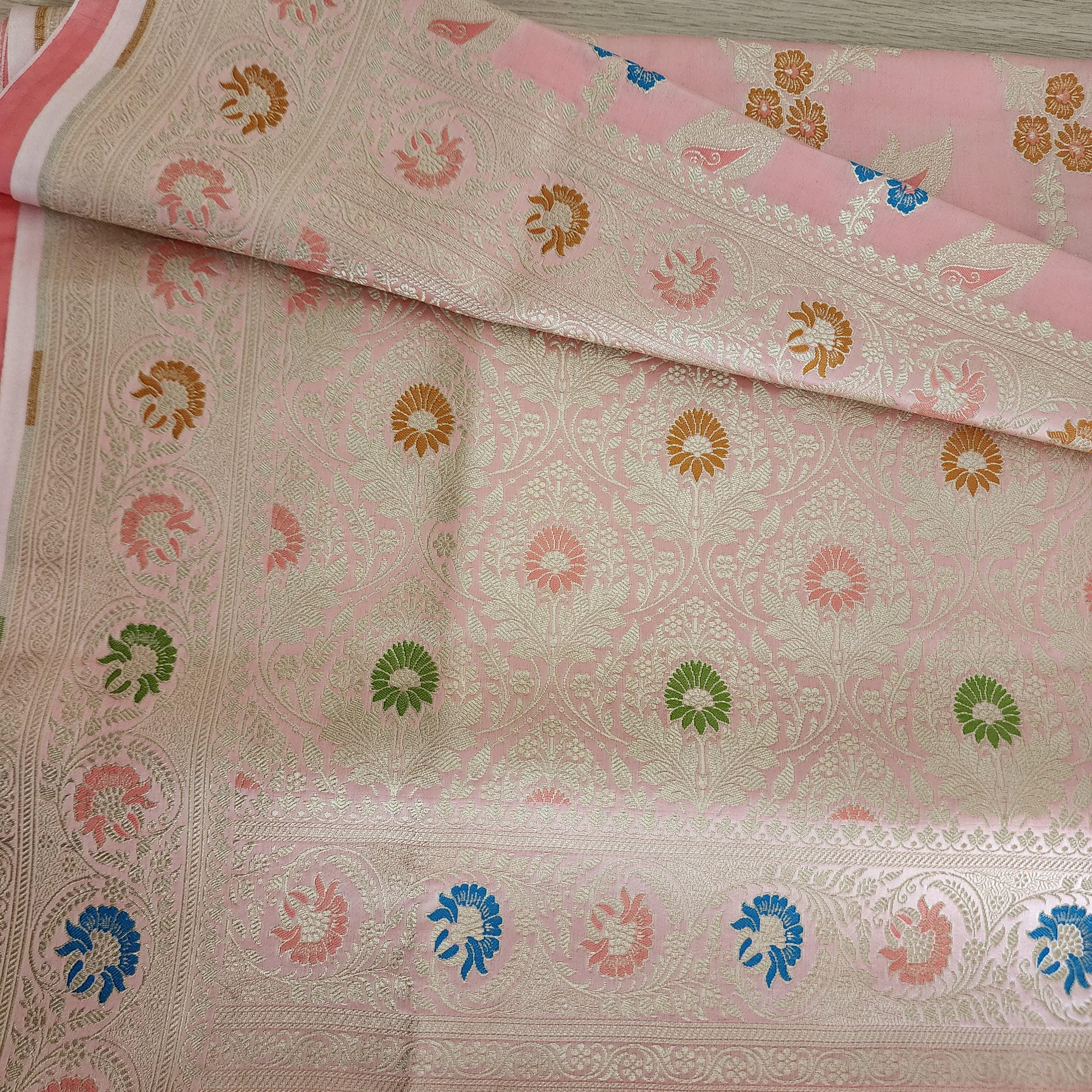 Royal Banarasi Katan Silk Saree | Blush Pink Multicolor Meenakari Floral Jaal