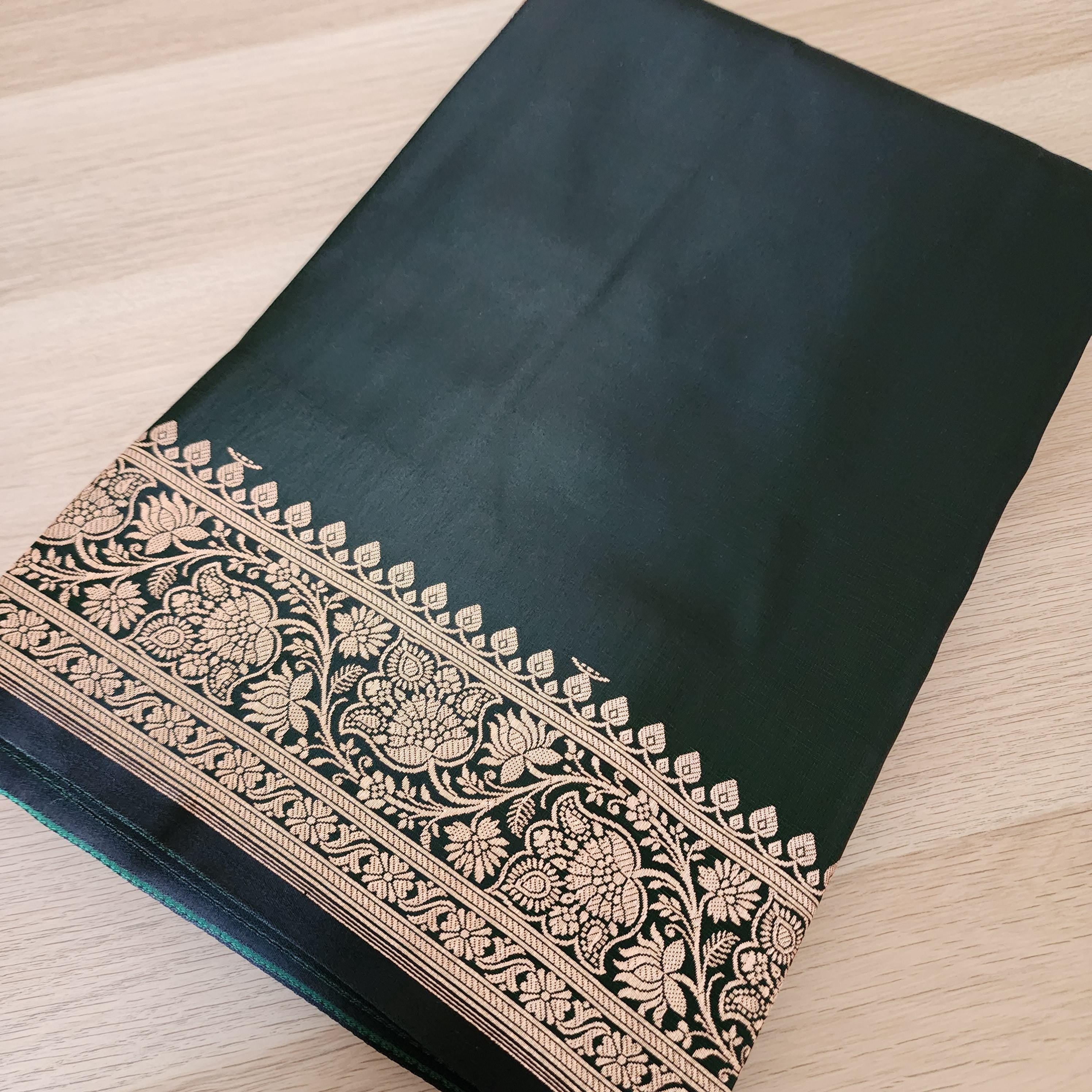 Rich Dark Bottle Green, Pure Banarasi Katan Silk Saree with Rich Gold & Silver Zari Weaving