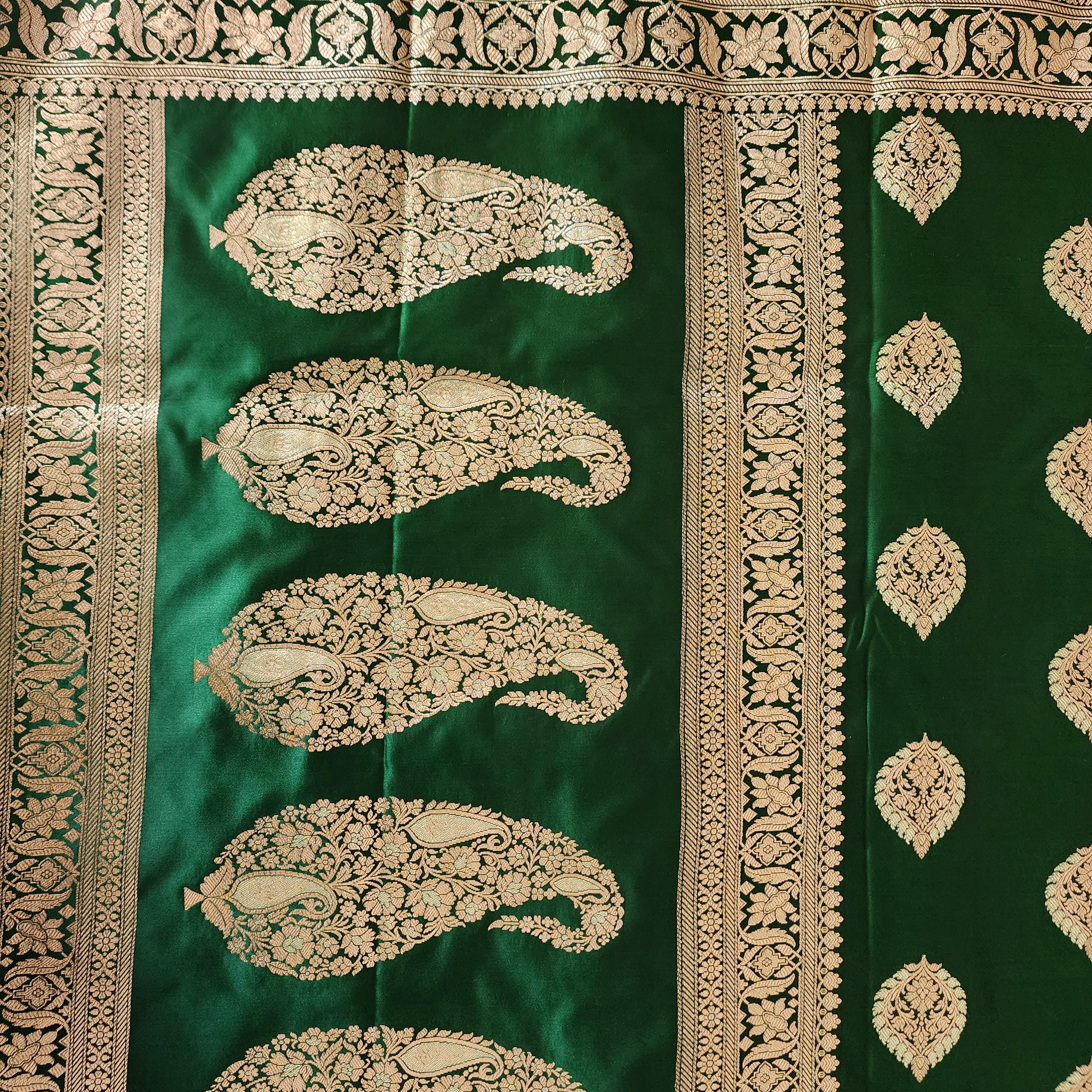 Royal Emerald Green, Pure Banarasi Katan Silk Saree with Rich Gold & Silver Zari Weaving