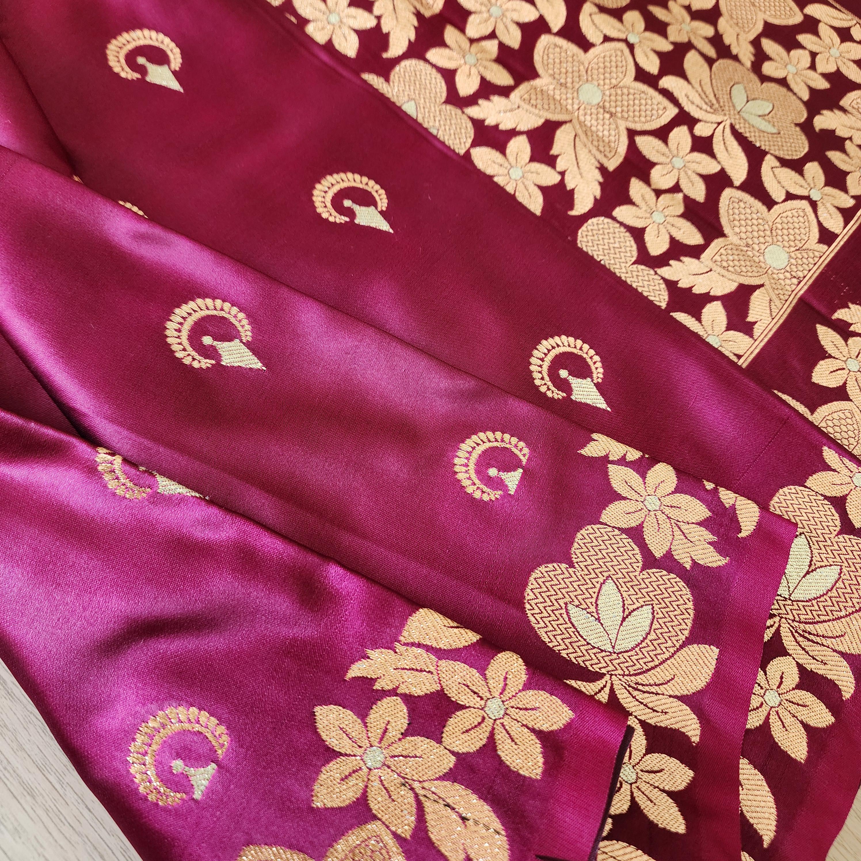 Dark Magenta, Pure Banarasi Katan Silk Saree with Rich Gold & Silver Zari Weaving