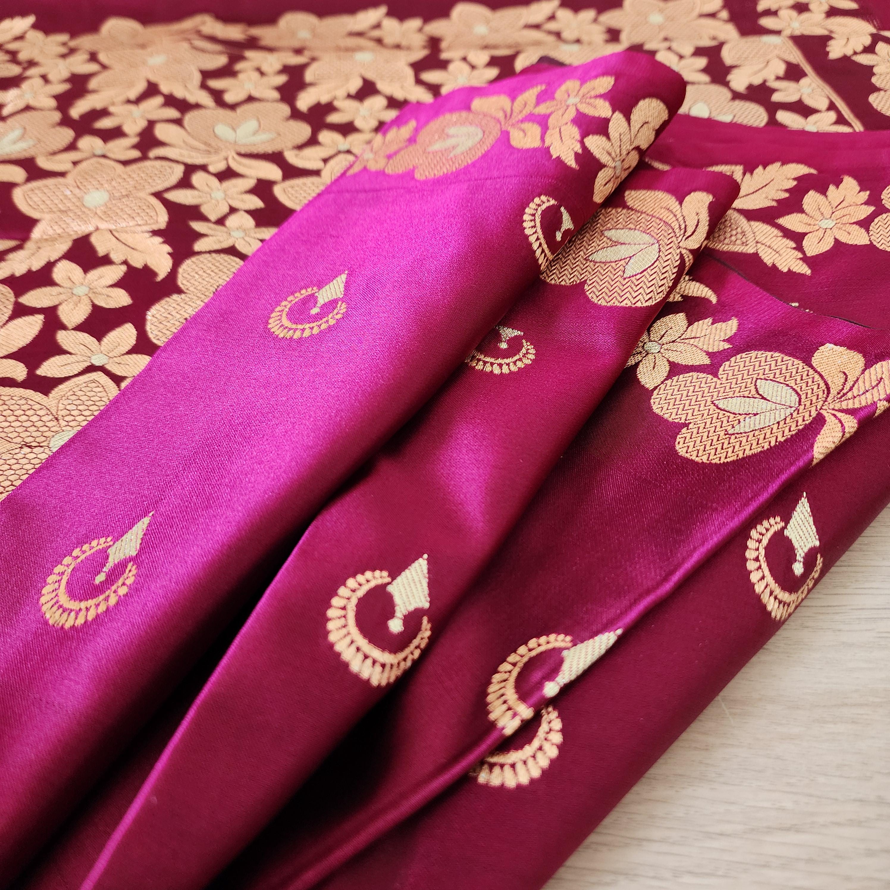 Dark Magenta, Pure Banarasi Katan Silk Saree with Rich Gold & Silver Zari Weaving
