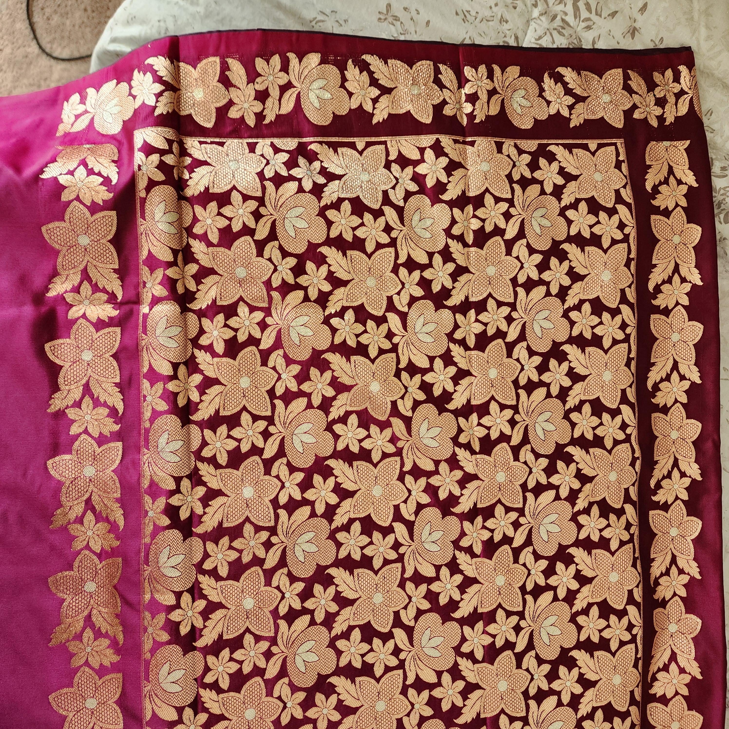 Dark Magenta, Pure Banarasi Katan Silk Saree with Rich Gold & Silver Zari Weaving