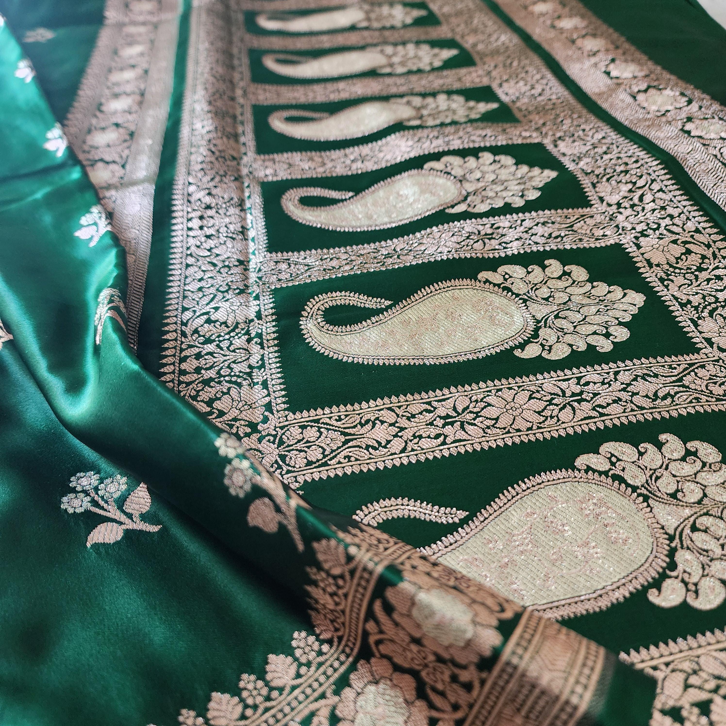 Exquisite Emerald Green, Pure Banarasi Katan Silk Saree with Rich Gold & Silver Zari Weaving