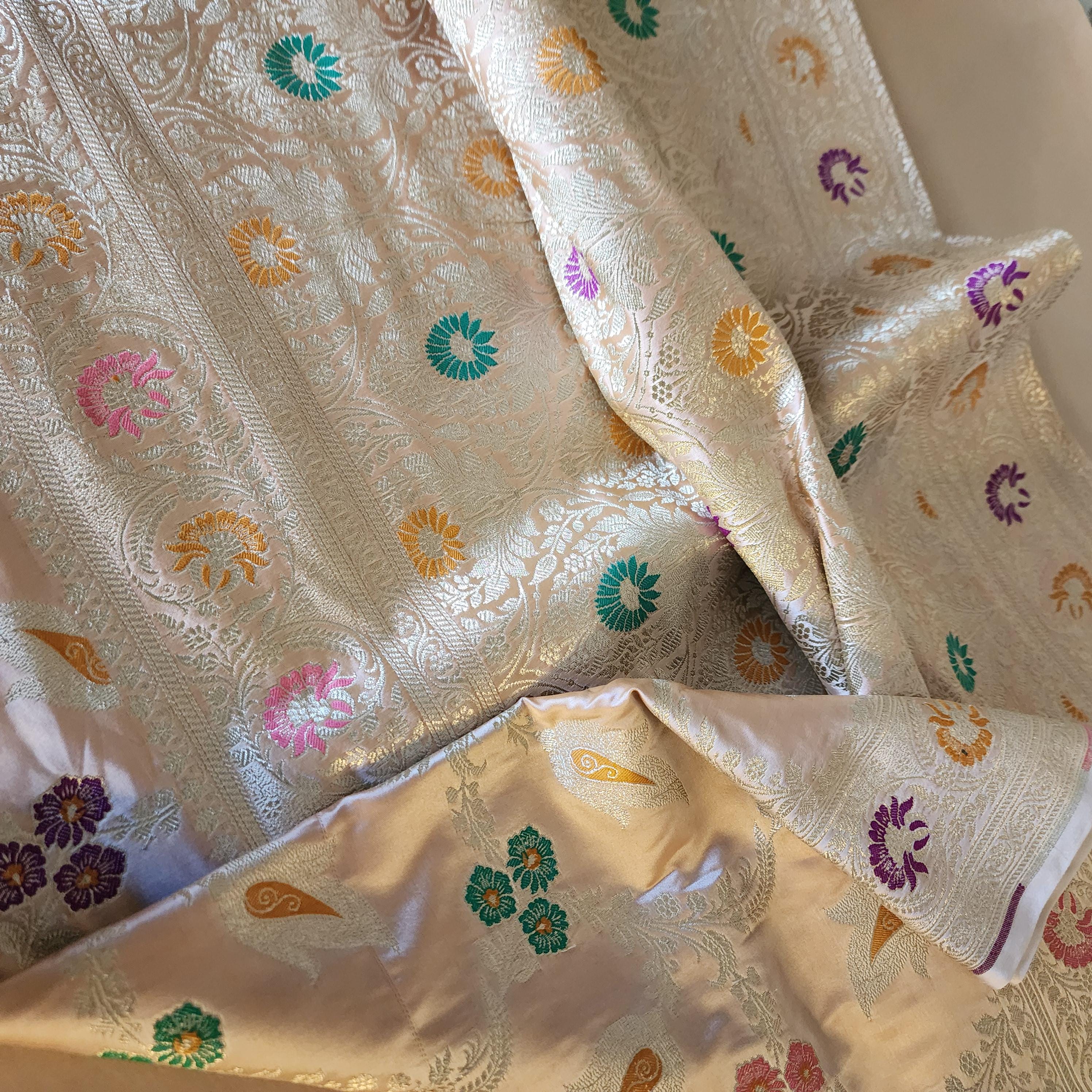 Banarasi Katan Silk Saree | Beige Multicolor Meenakari Floral Jaal