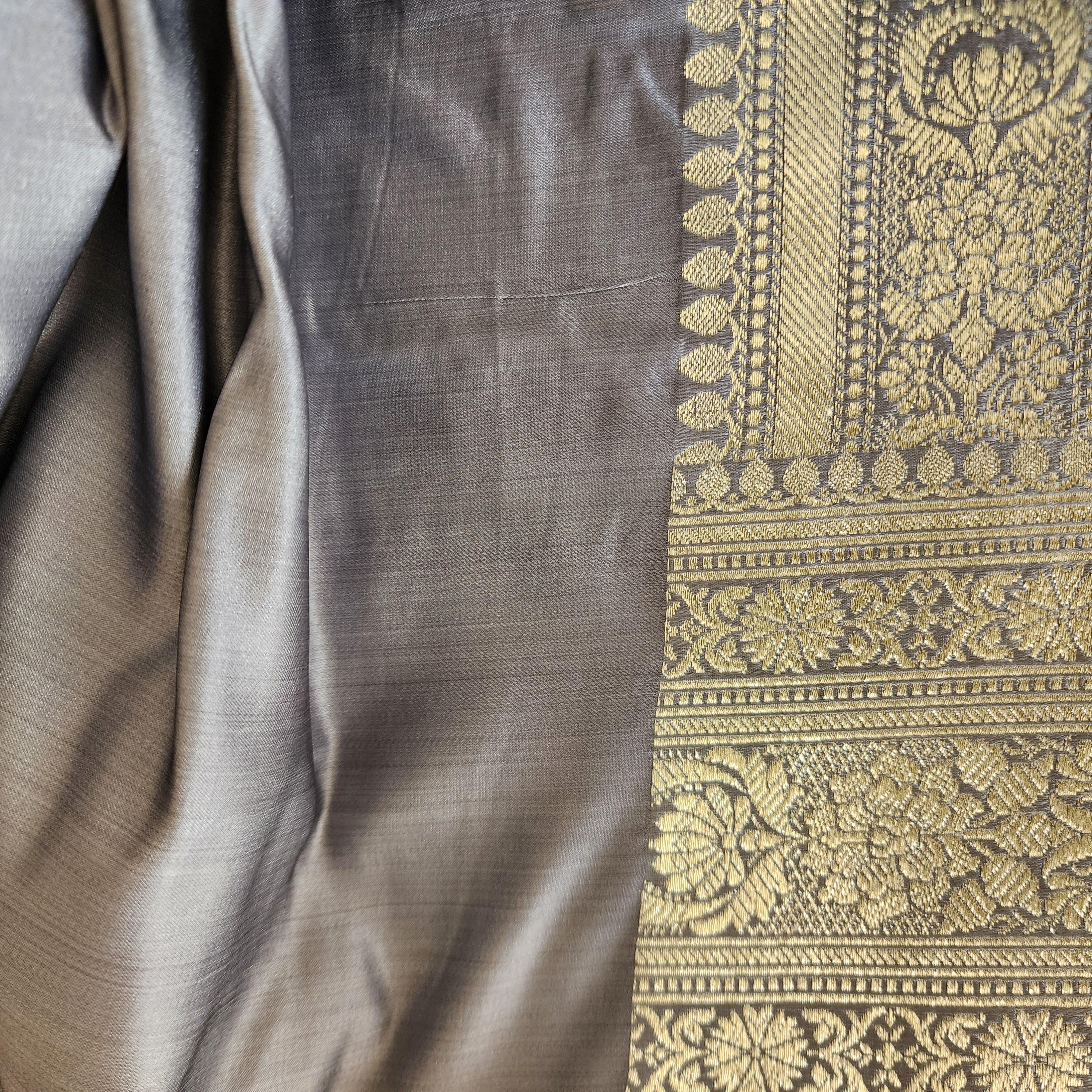 Slate Gray Pure Banarasi Katan Silk Saree with Rich Zari Weaving