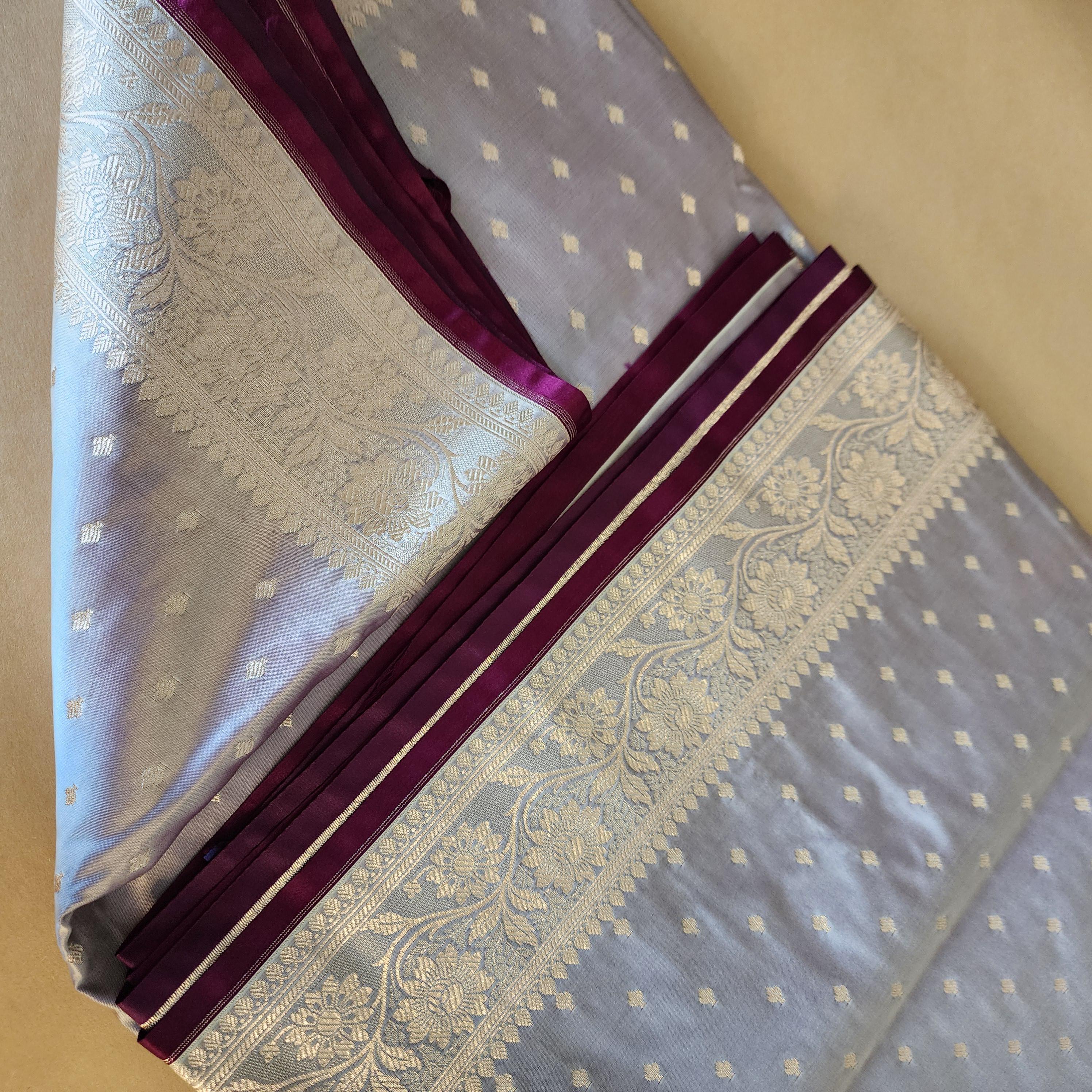 Grayish Purple Banarasi Katan Silk Saree | Light Gold Zari weaving