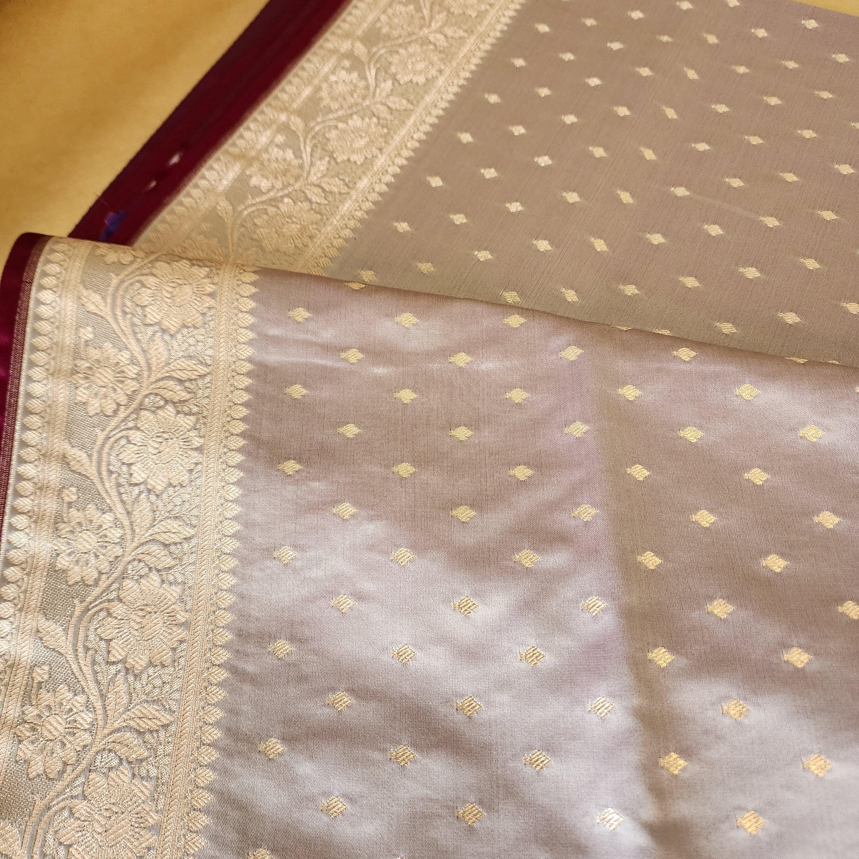 Grayish Purple Banarasi Katan Silk Saree | Light Gold Zari weaving