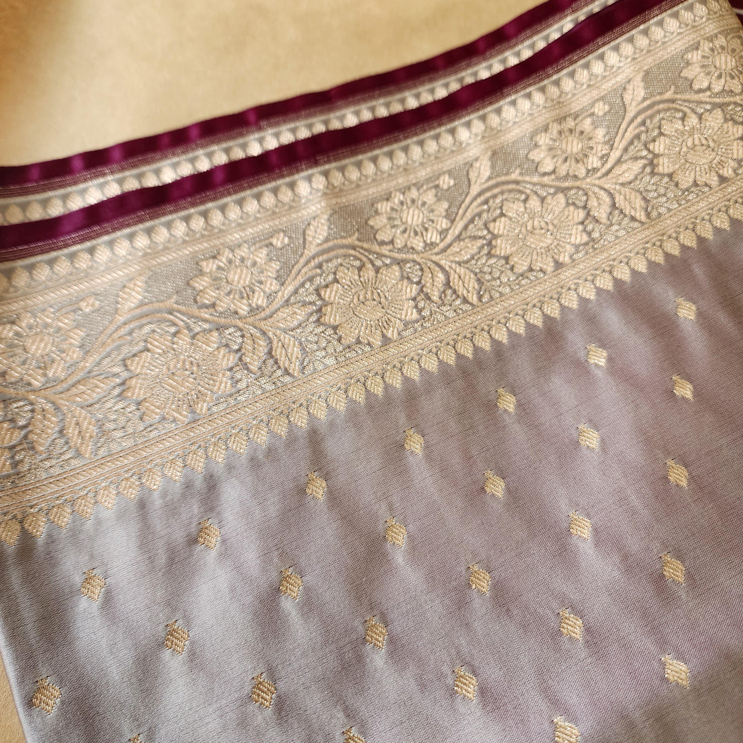 Grayish Purple Banarasi Katan Silk Saree | Light Gold Zari weaving