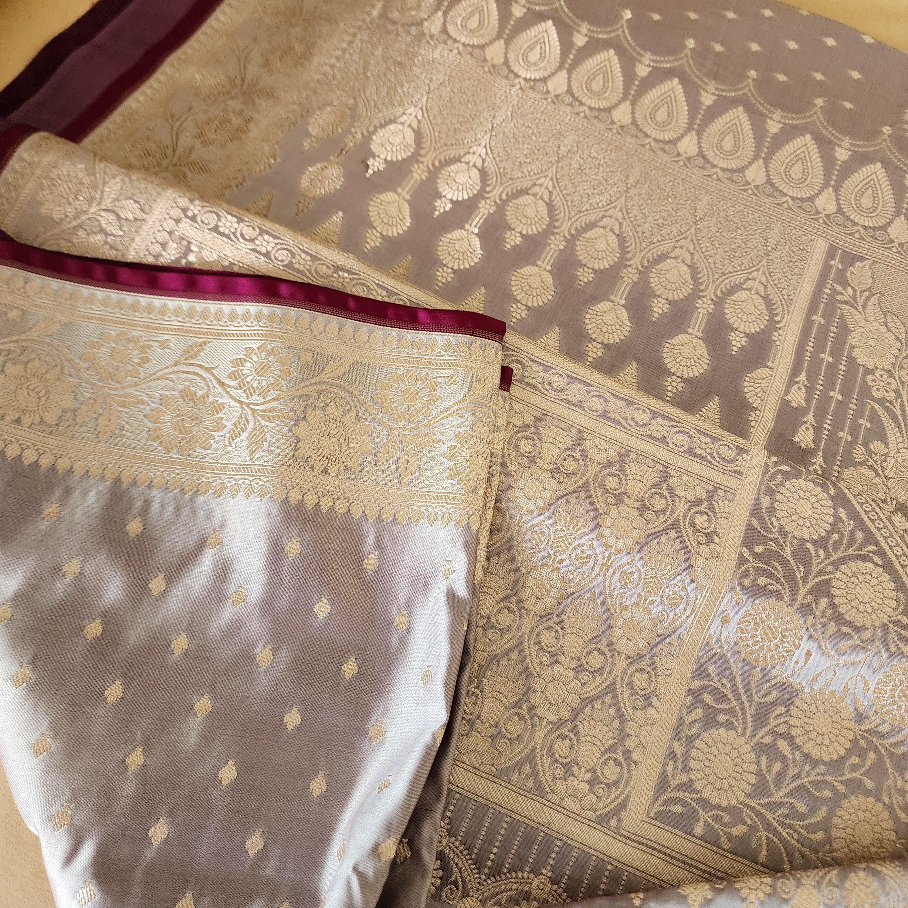 Grayish Purple Banarasi Katan Silk Saree | Light Gold Zari weaving