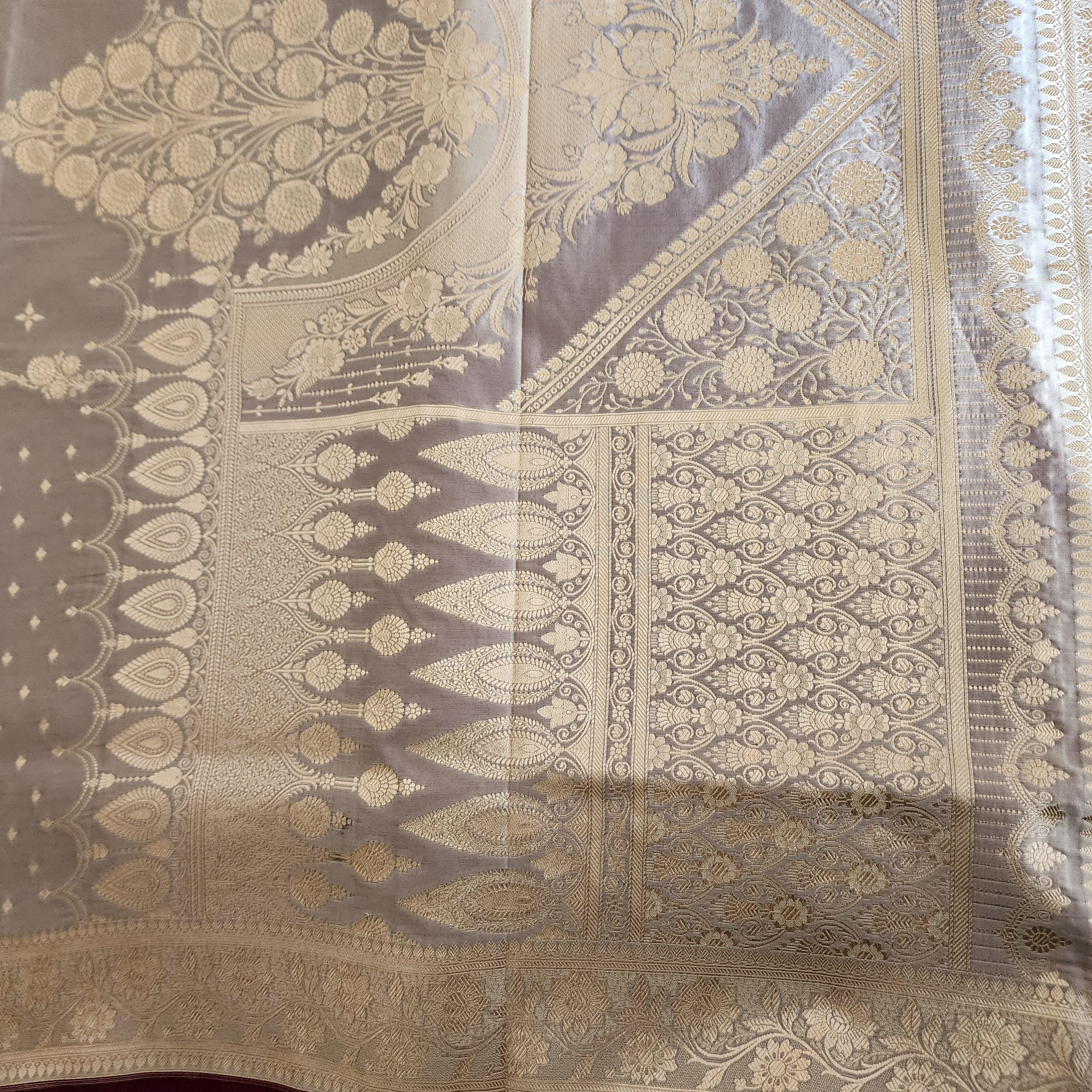 Grayish Purple Banarasi Katan Silk Saree | Light Gold Zari weaving