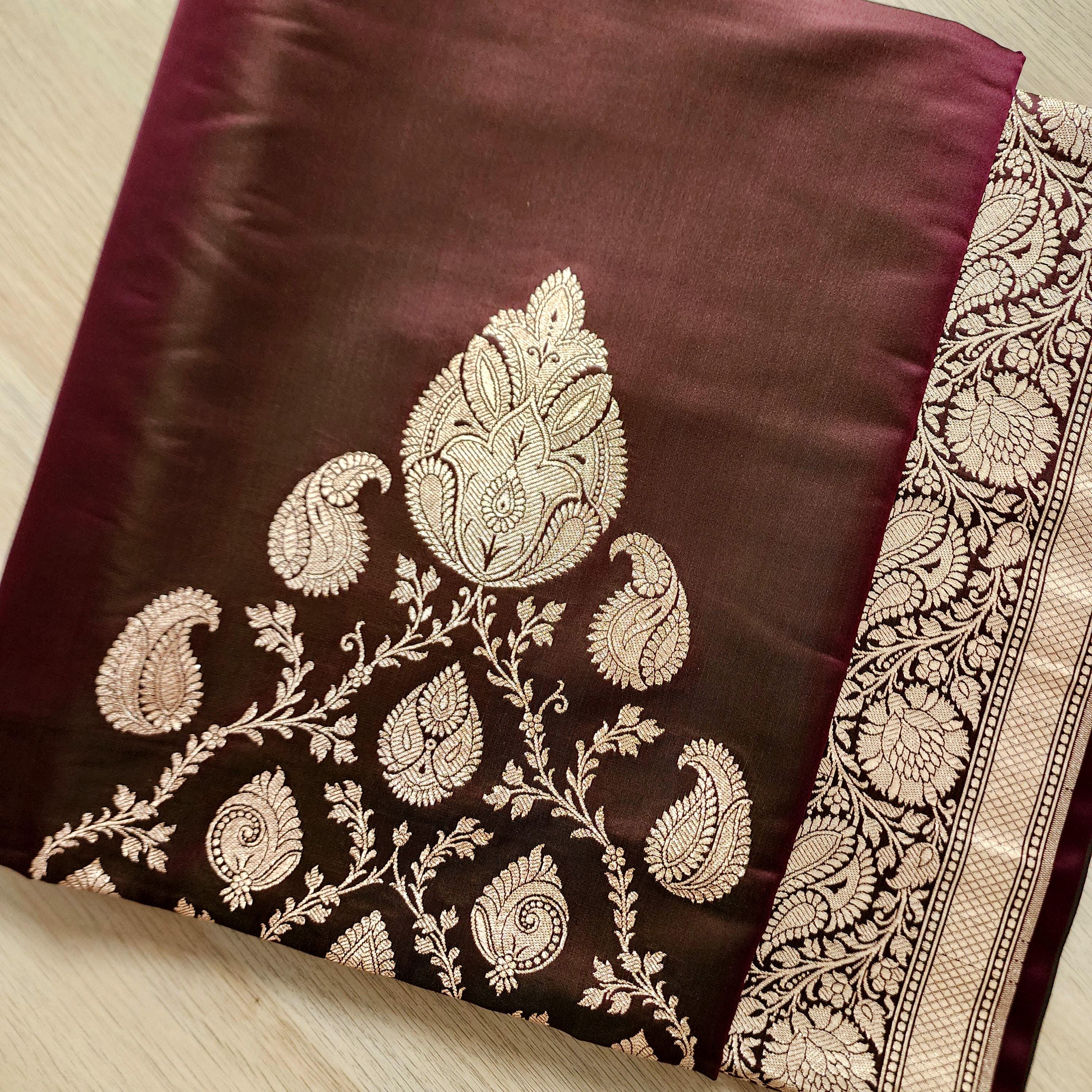Rich Chocolate Brown Pure Banarasi Katan Silk Saree with light Gold Zari Weaving