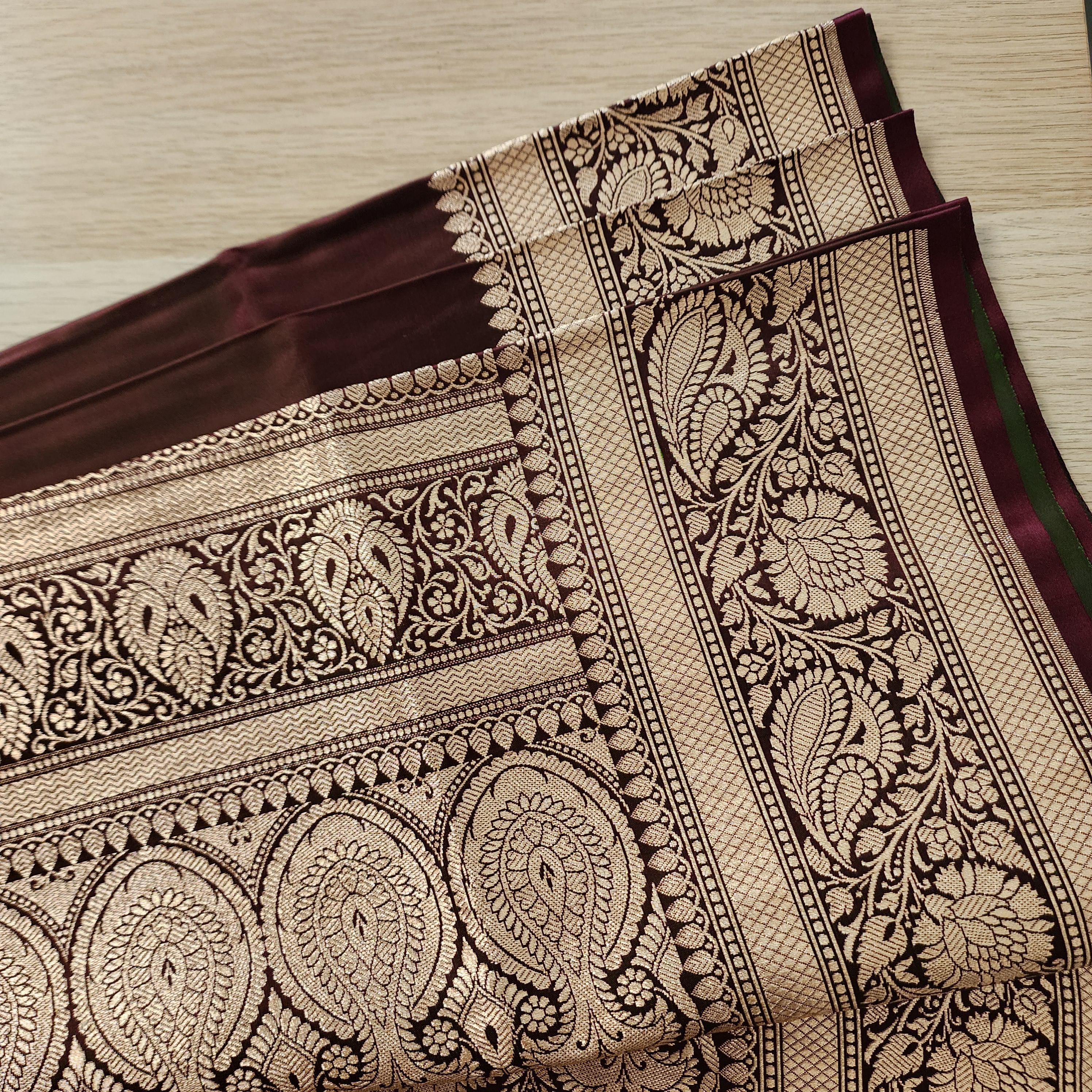 Rich Chocolate Brown Pure Banarasi Katan Silk Saree with light Gold Zari Weaving