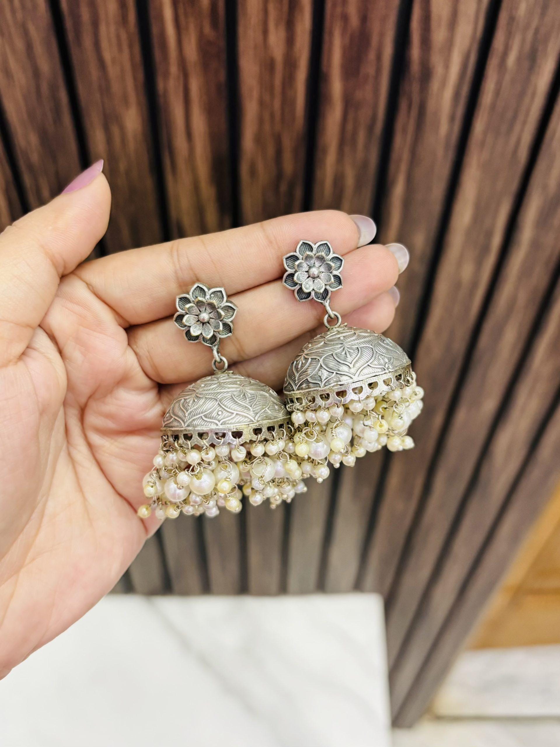 Silver Oxidized Statement Jhumkas | Antique Boho Earrings for Women | Traditional Indian Jewelry