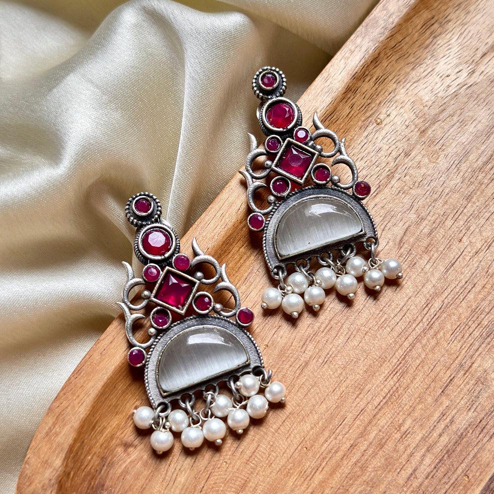 Red Stone & Pearl Earrings  Minaz | Traditional Festival Earrings | Silver Oxidized Jhumkas