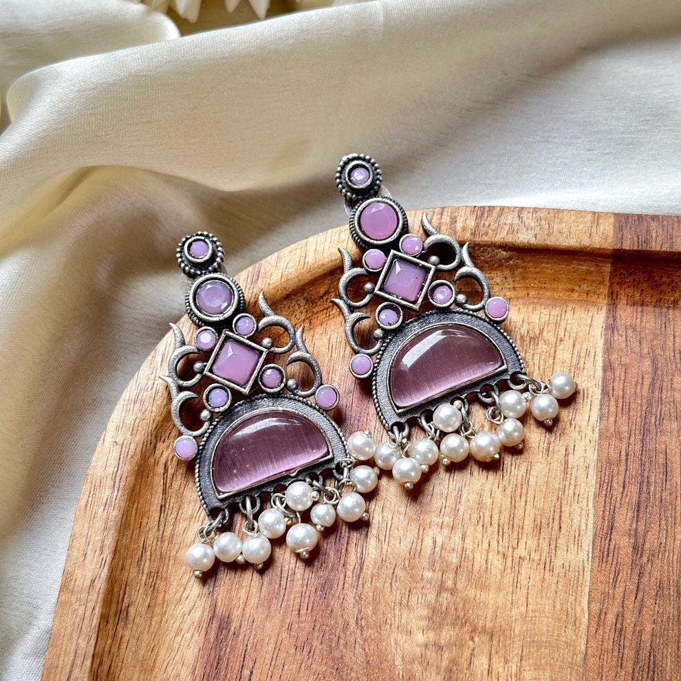 Light Pink Stone & Pearl Earrings  Minaz | Elegant Boho Jewelry | Handmade Dangle Earrings