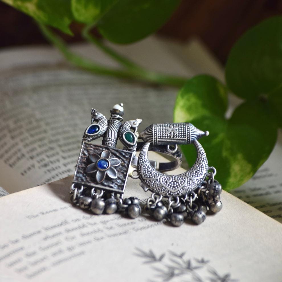 Blue Stone Oxidized Silver Ring | Tribal-Inspired Adjustable Jewelry | Handcrafted Boho Accessory