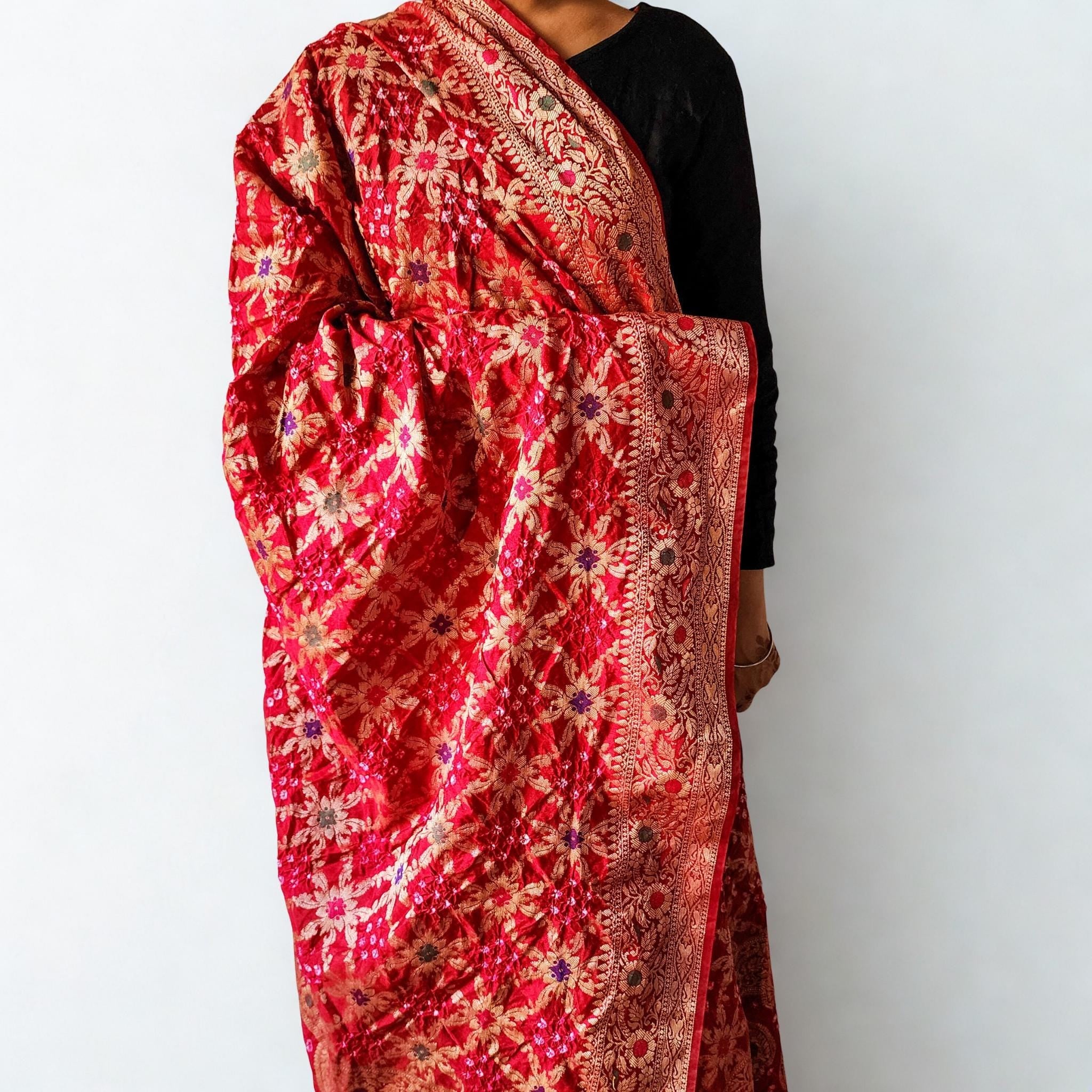 Maroon Red Bandhni dupatta with Banarasi Meenakari work