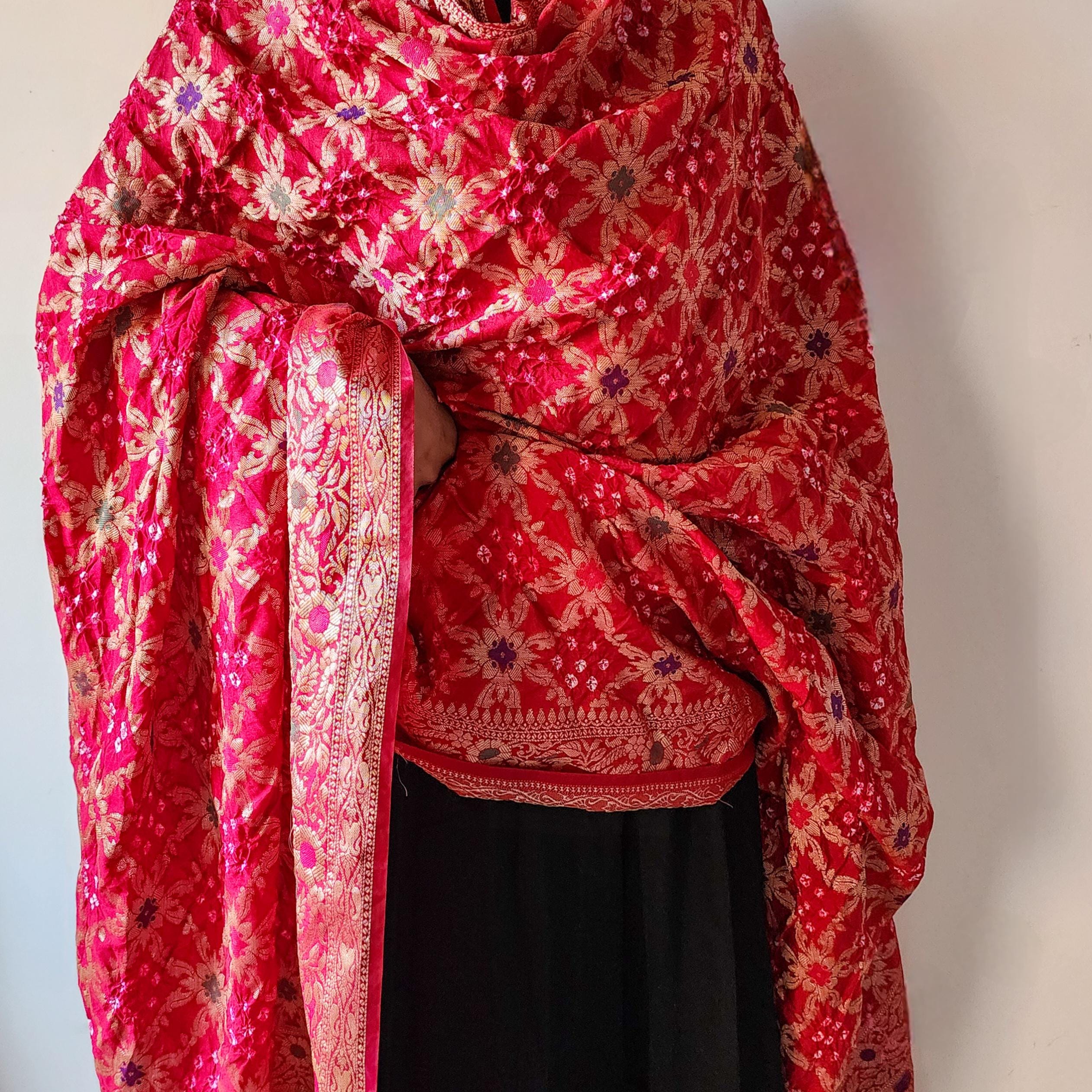Maroon Red Bandhni dupatta with Banarasi Meenakari work