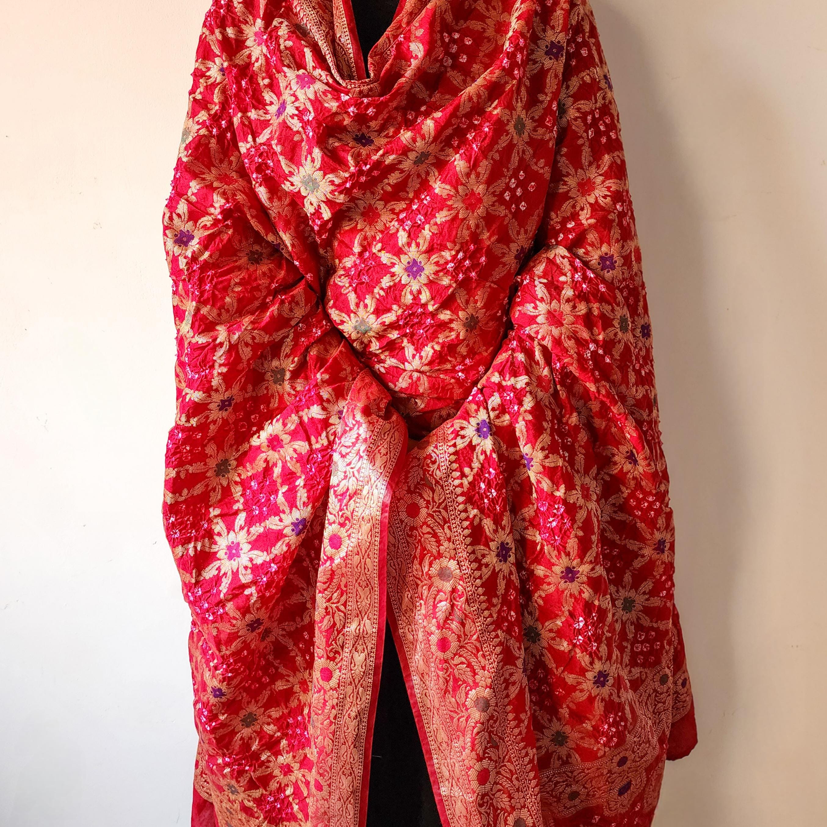 Maroon Red Bandhni dupatta with Banarasi Meenakari work