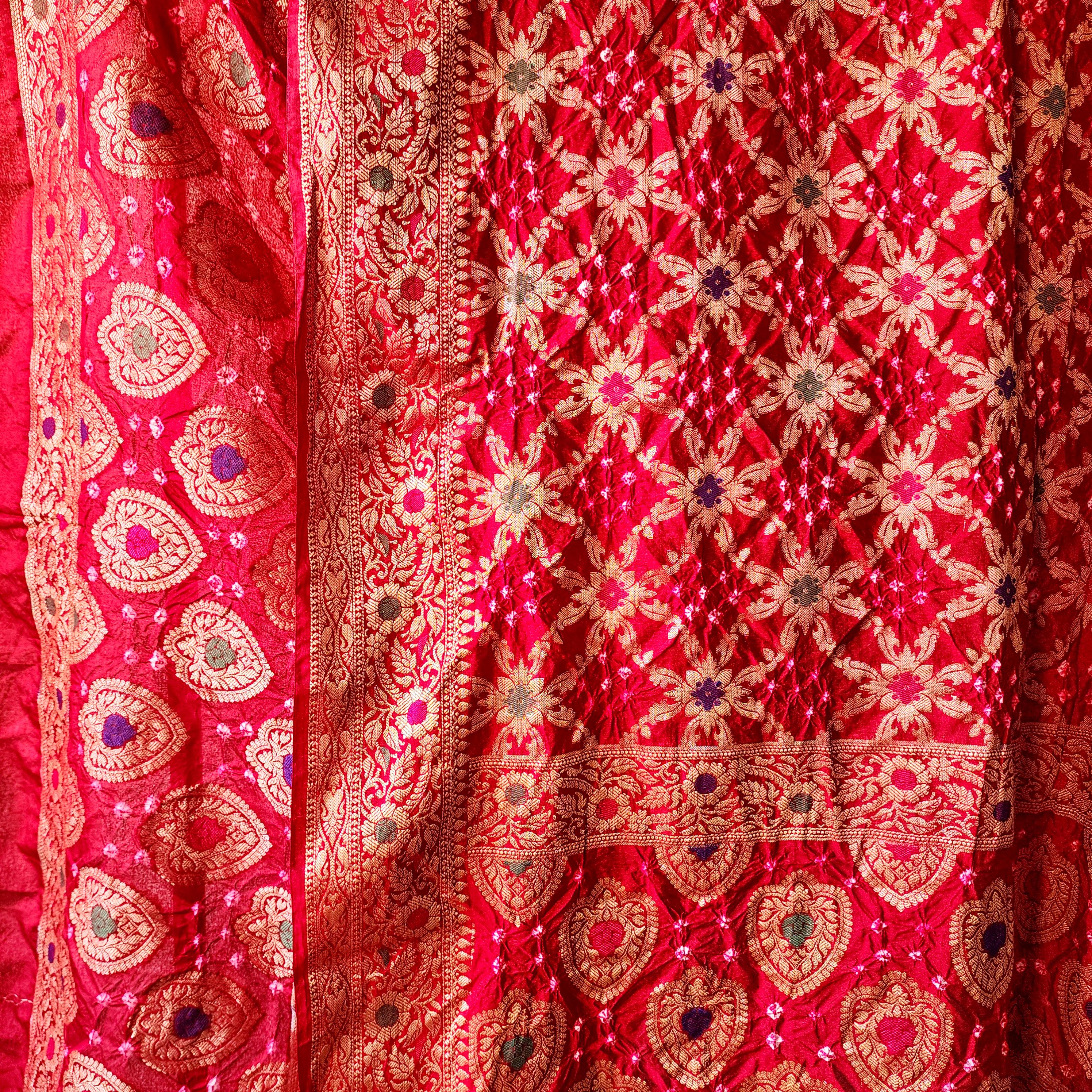 Maroon Red Bandhni dupatta with Banarasi Meenakari work