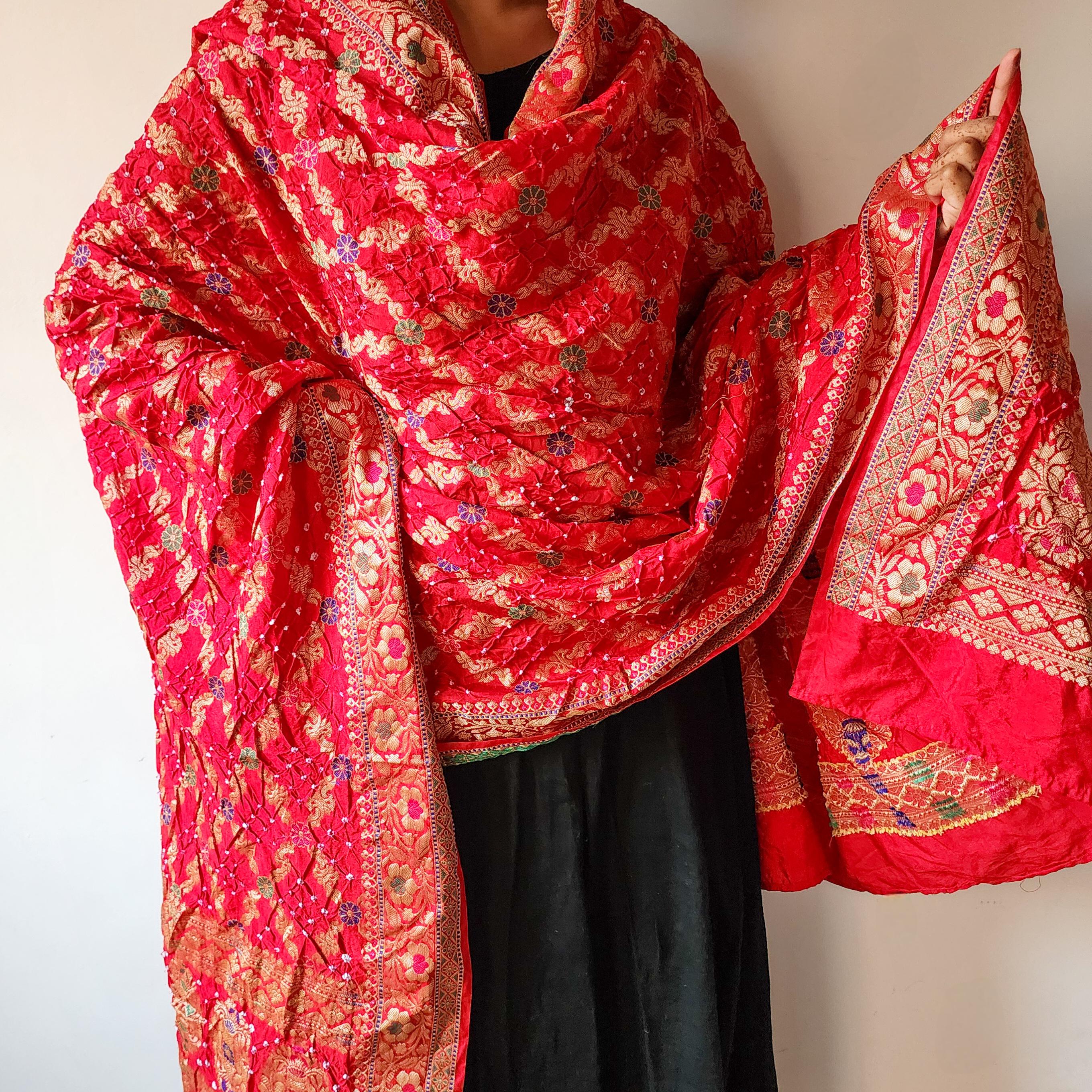 Rich Red Bandhni dupatta with Banarasi Meenakari work