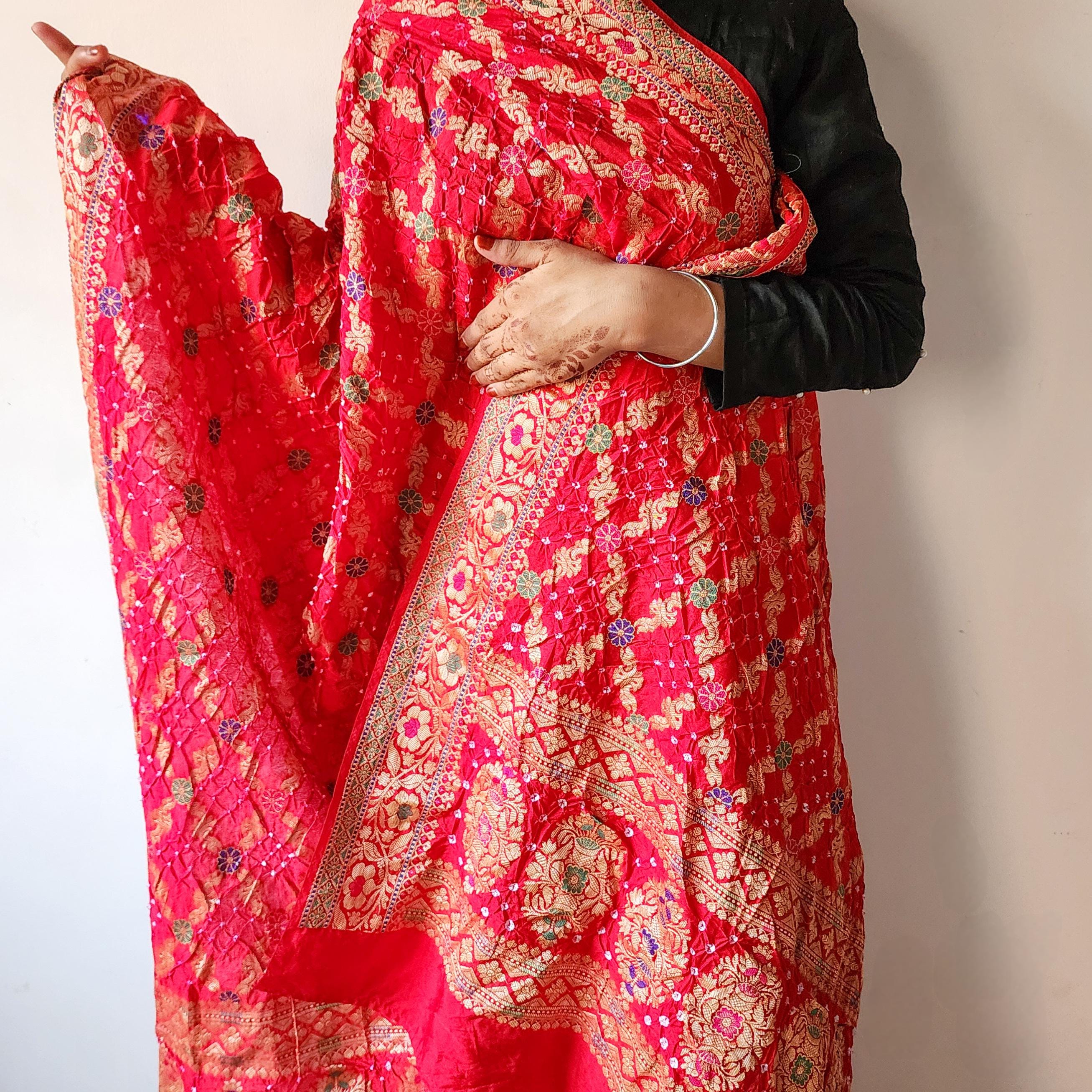 Rich Red Bandhni dupatta with Banarasi Meenakari work