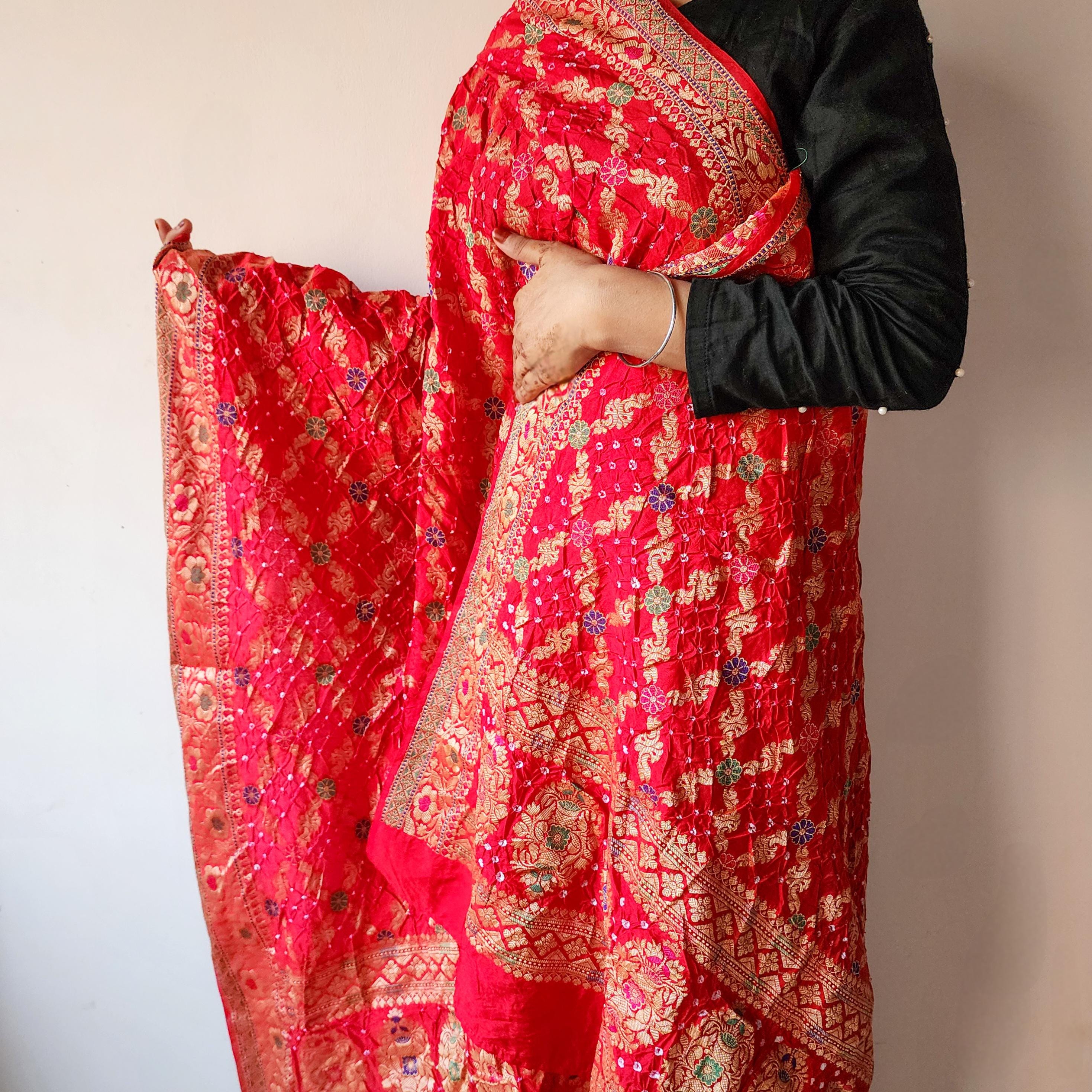 Rich Red Bandhni dupatta with Banarasi Meenakari work
