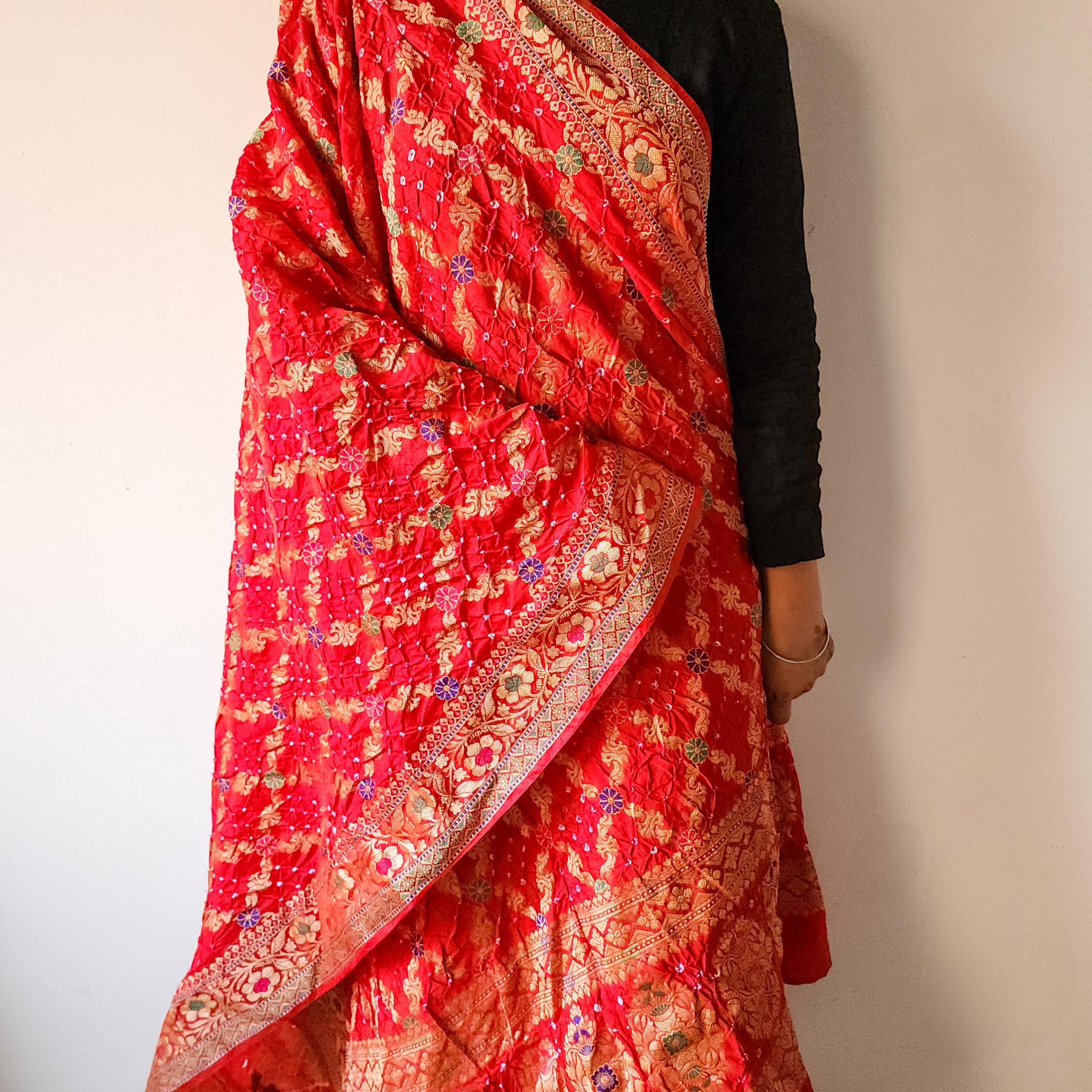 Rich Red Bandhni dupatta with Banarasi Meenakari work