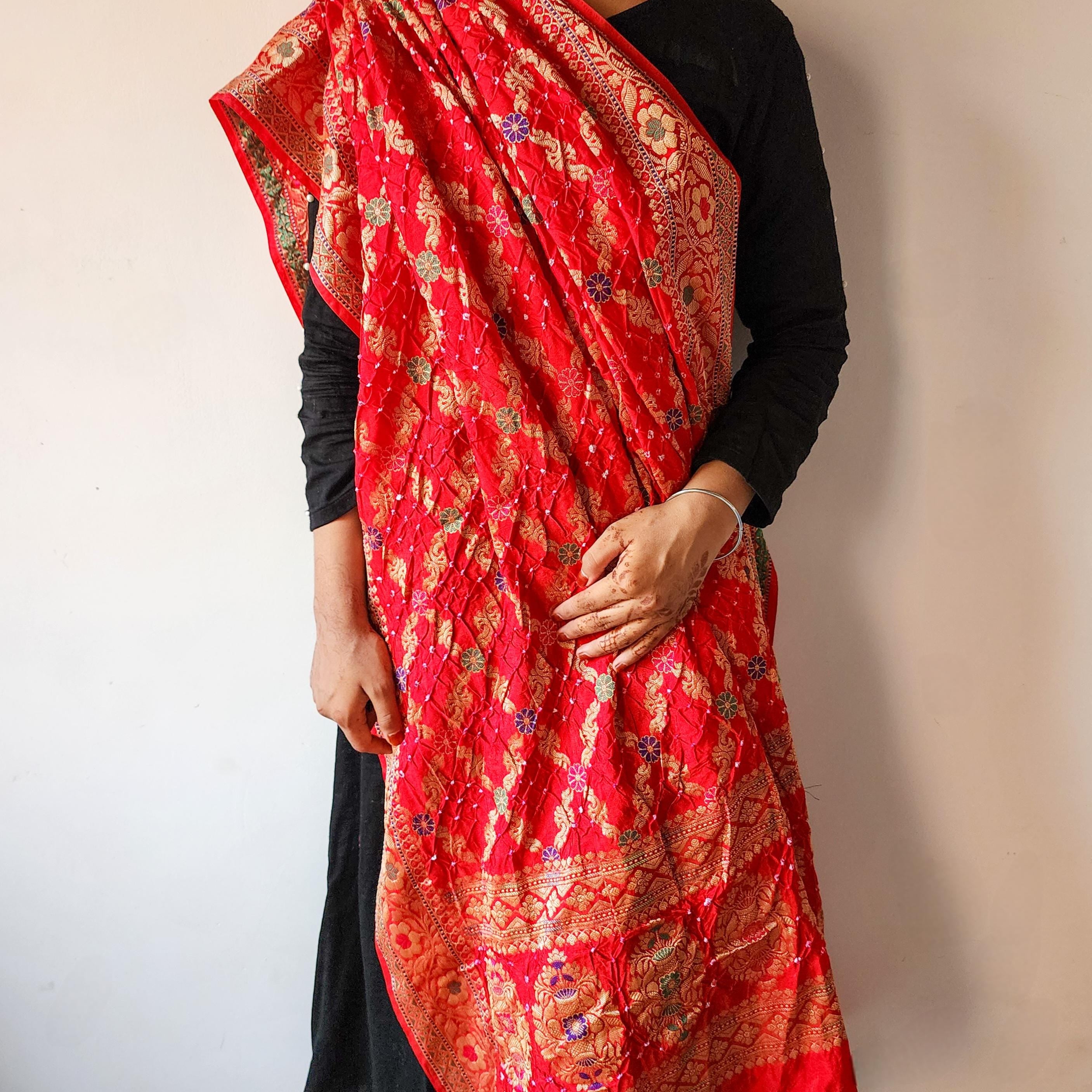 Rich Red Bandhni dupatta with Banarasi Meenakari work