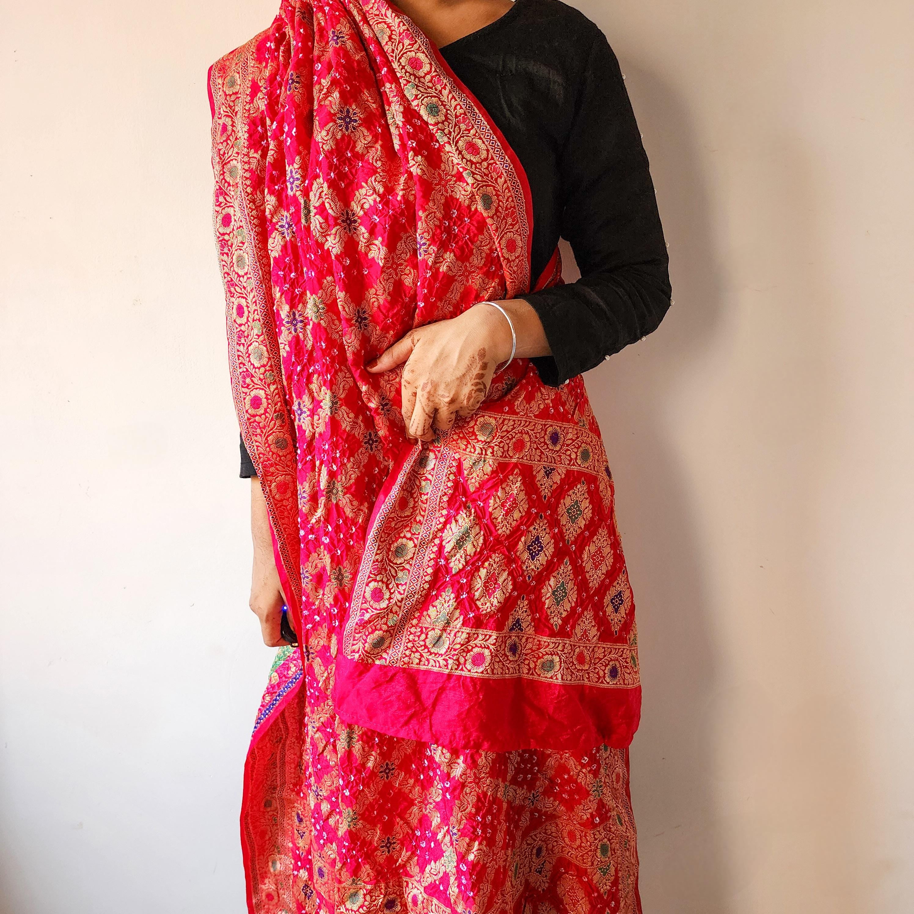 Rani Pink Bandhni dupatta with Banarasi Meenakari work