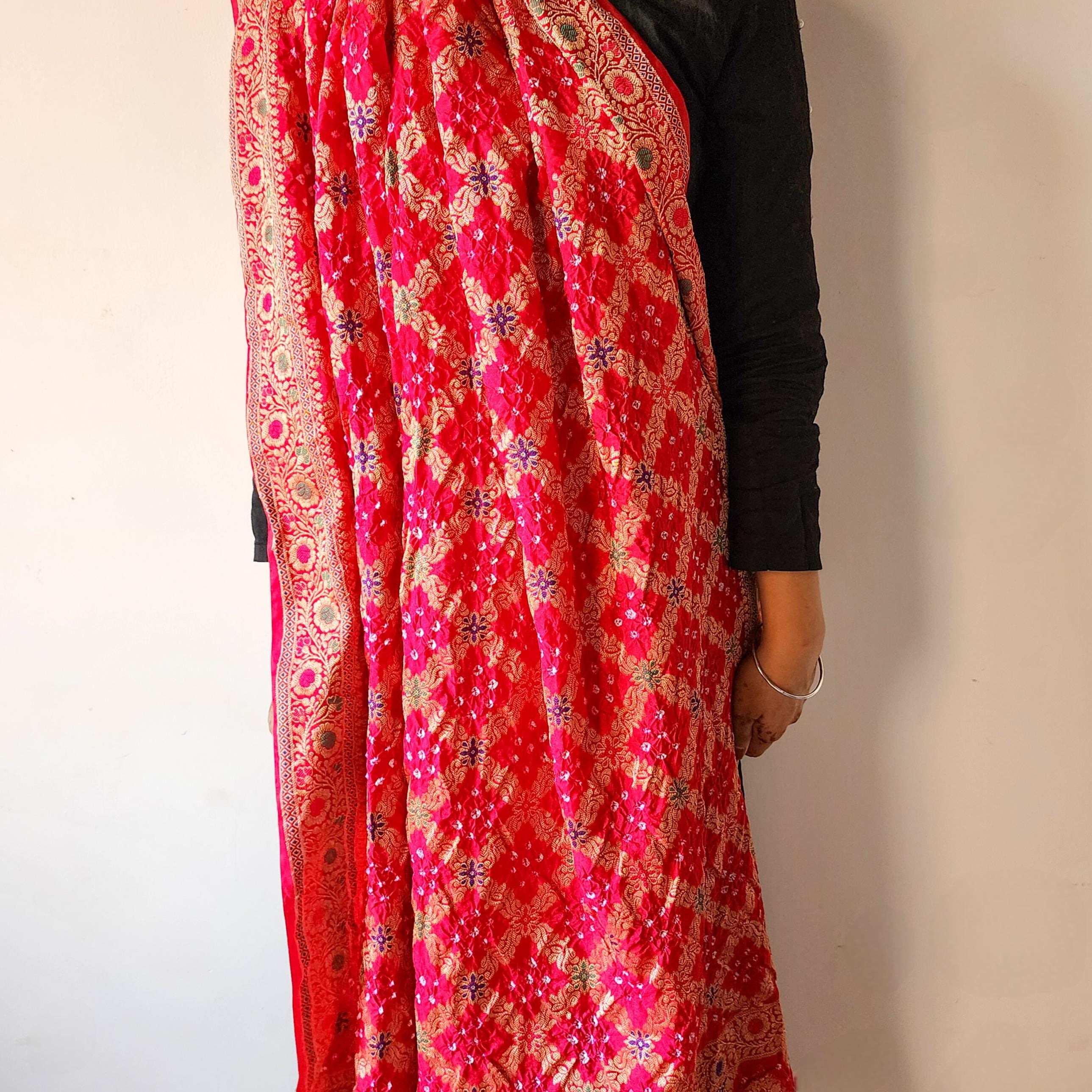 Rani Pink Bandhni dupatta with Banarasi Meenakari work