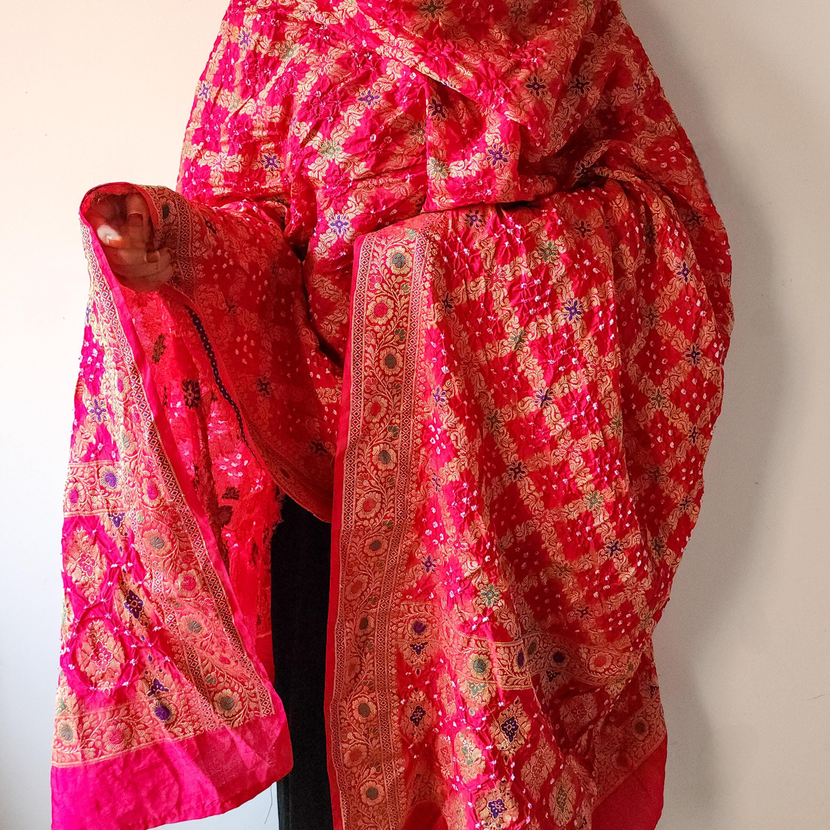 Rani Pink Bandhni dupatta with Banarasi Meenakari work