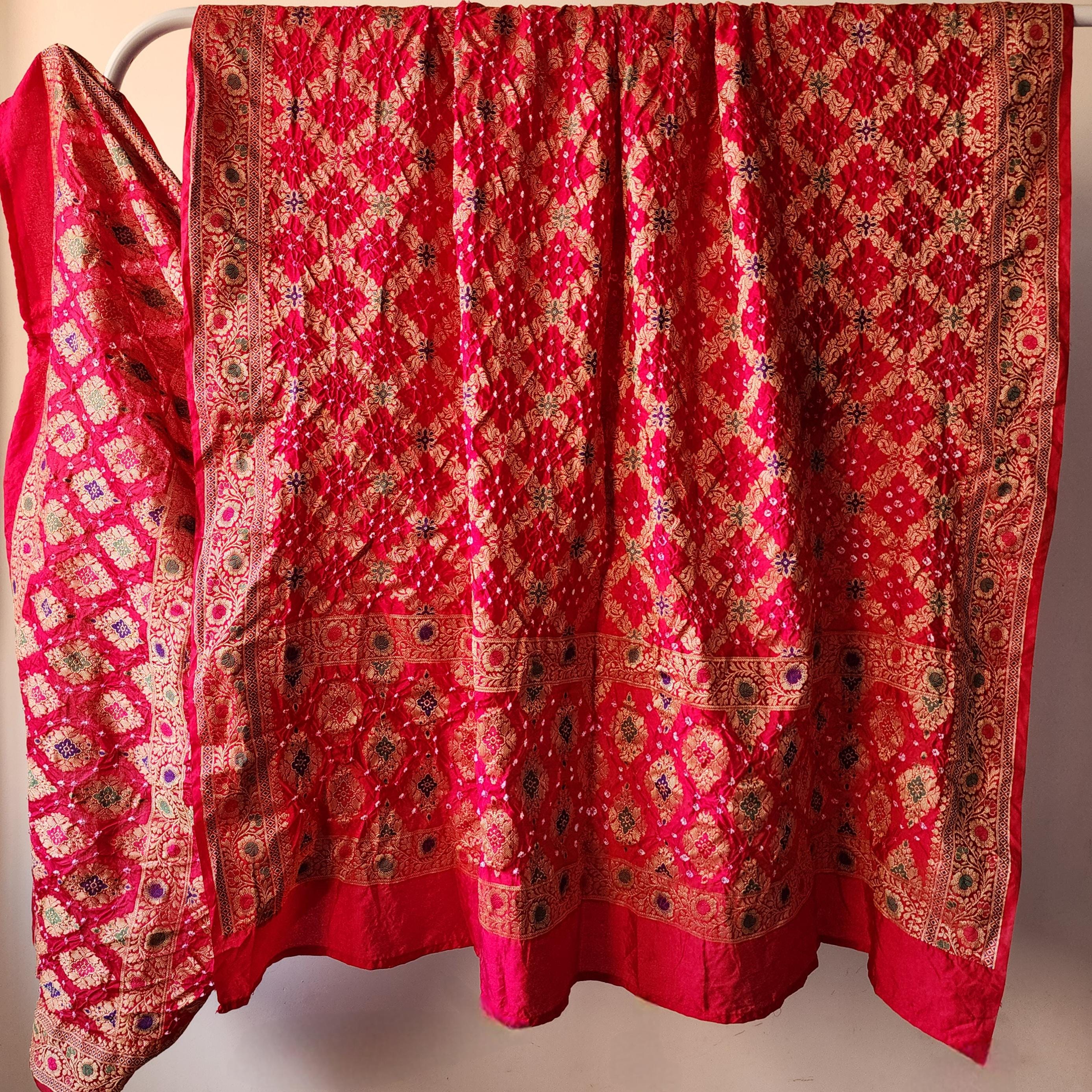 Rani Pink Bandhni dupatta with Banarasi Meenakari work