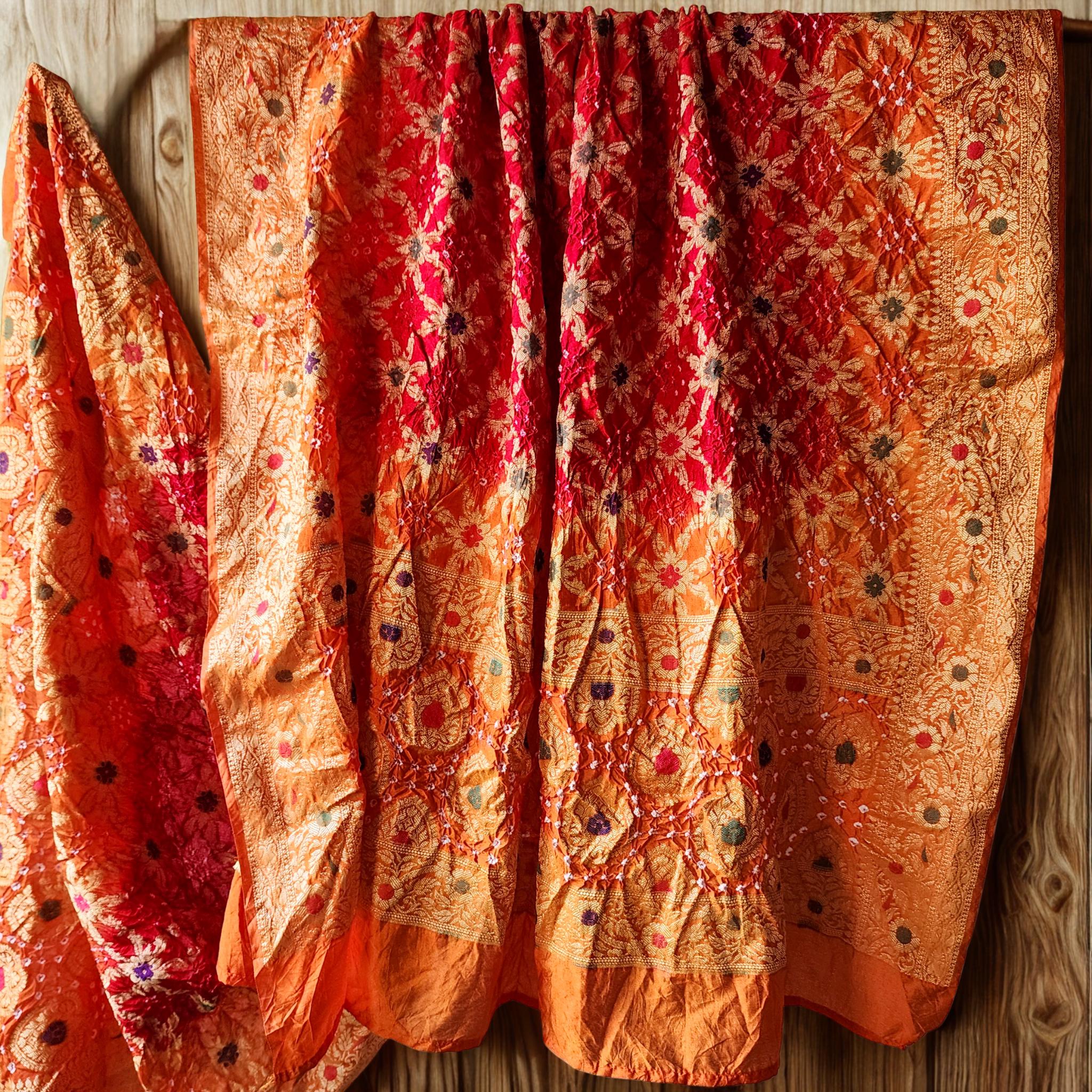 Dual-Tone Maroon-Orange Bandhni Dupatta with Golden Border & Banarasi Meenakari Work