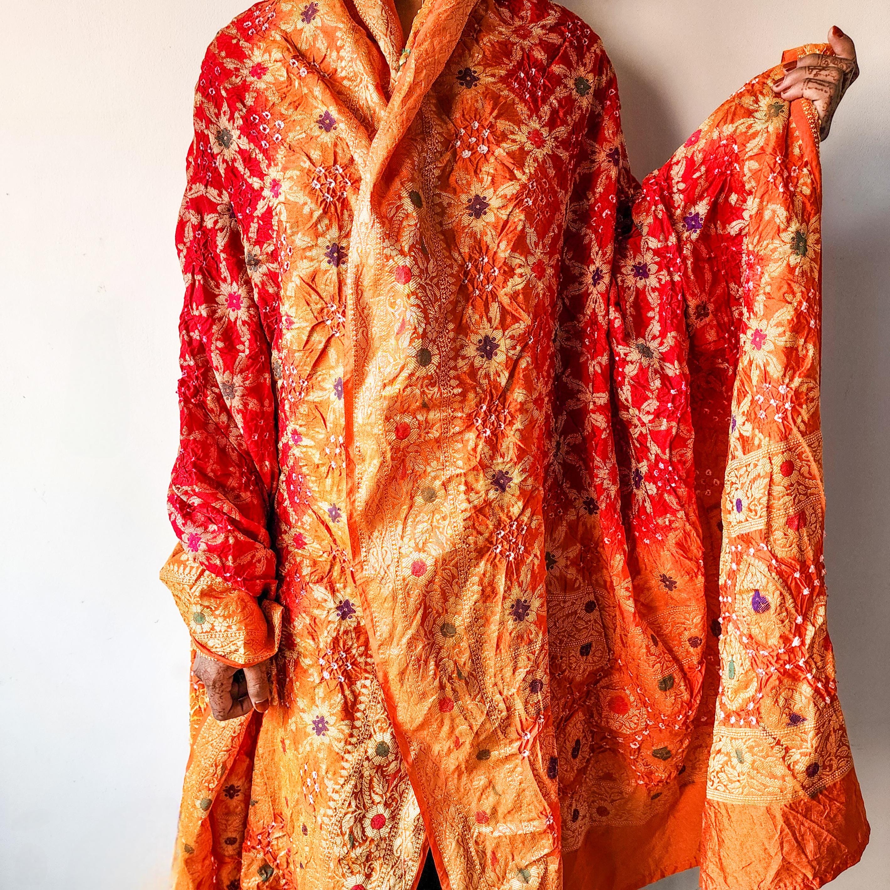 Dual-Tone Maroon-Orange Bandhni Dupatta with Golden Border & Banarasi Meenakari Work
