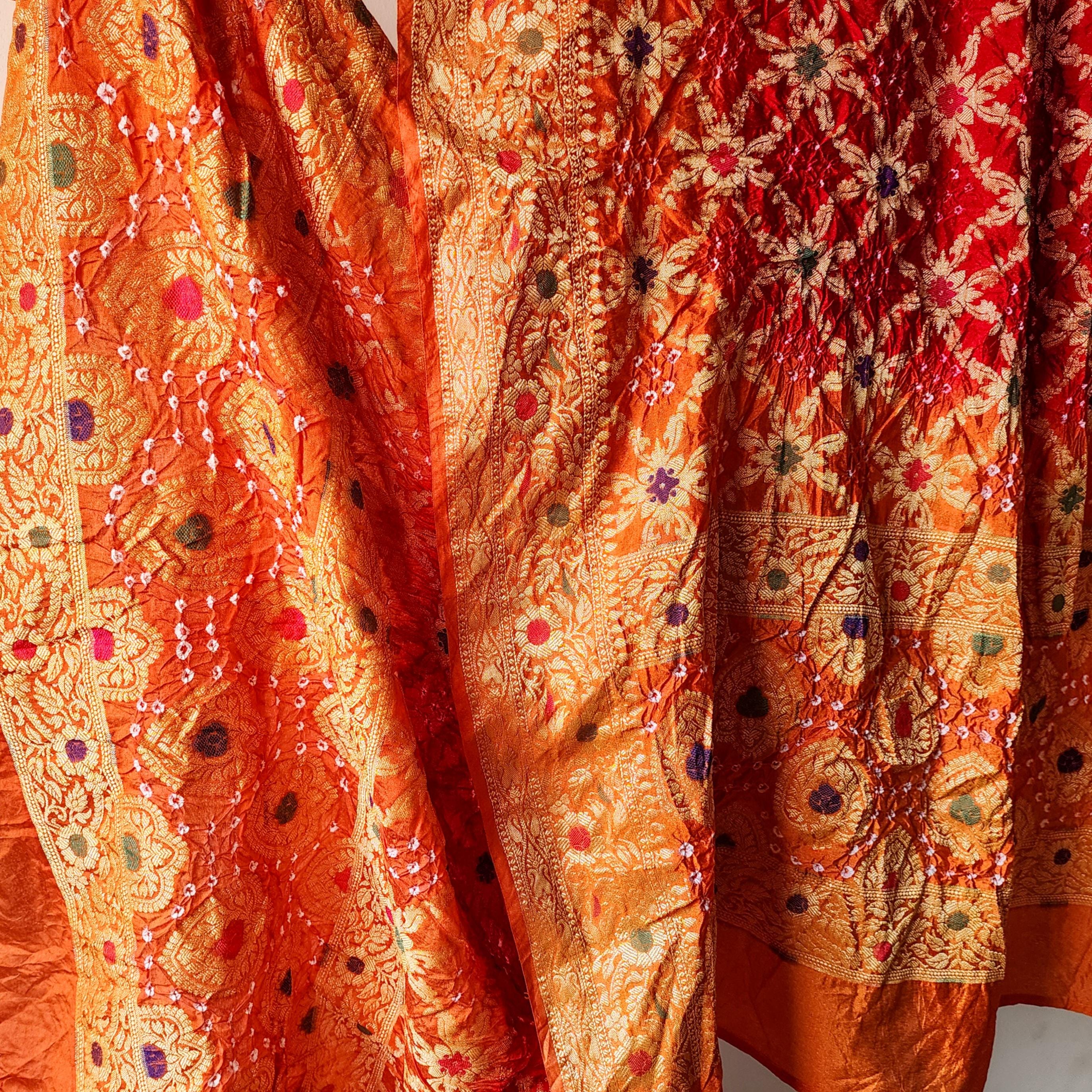Dual-Tone Maroon-Orange Bandhni Dupatta with Golden Border & Banarasi Meenakari Work