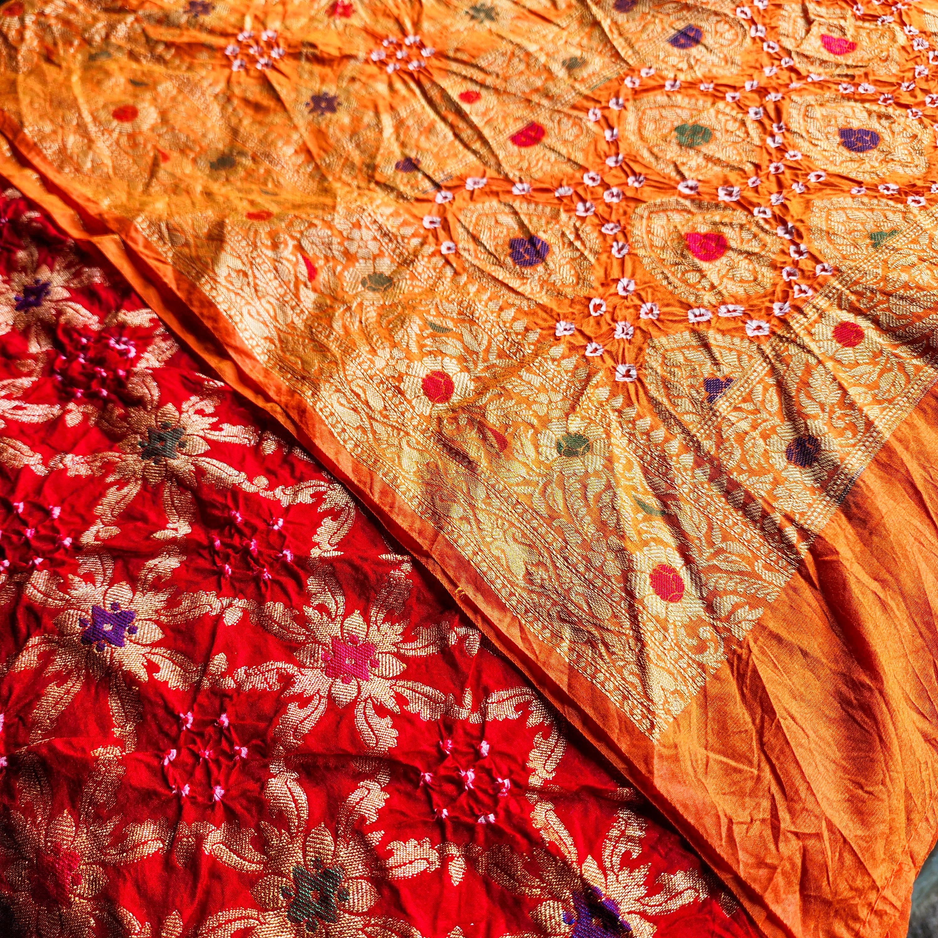 Dual-Tone Maroon-Orange Bandhni Dupatta with Golden Border & Banarasi Meenakari Work