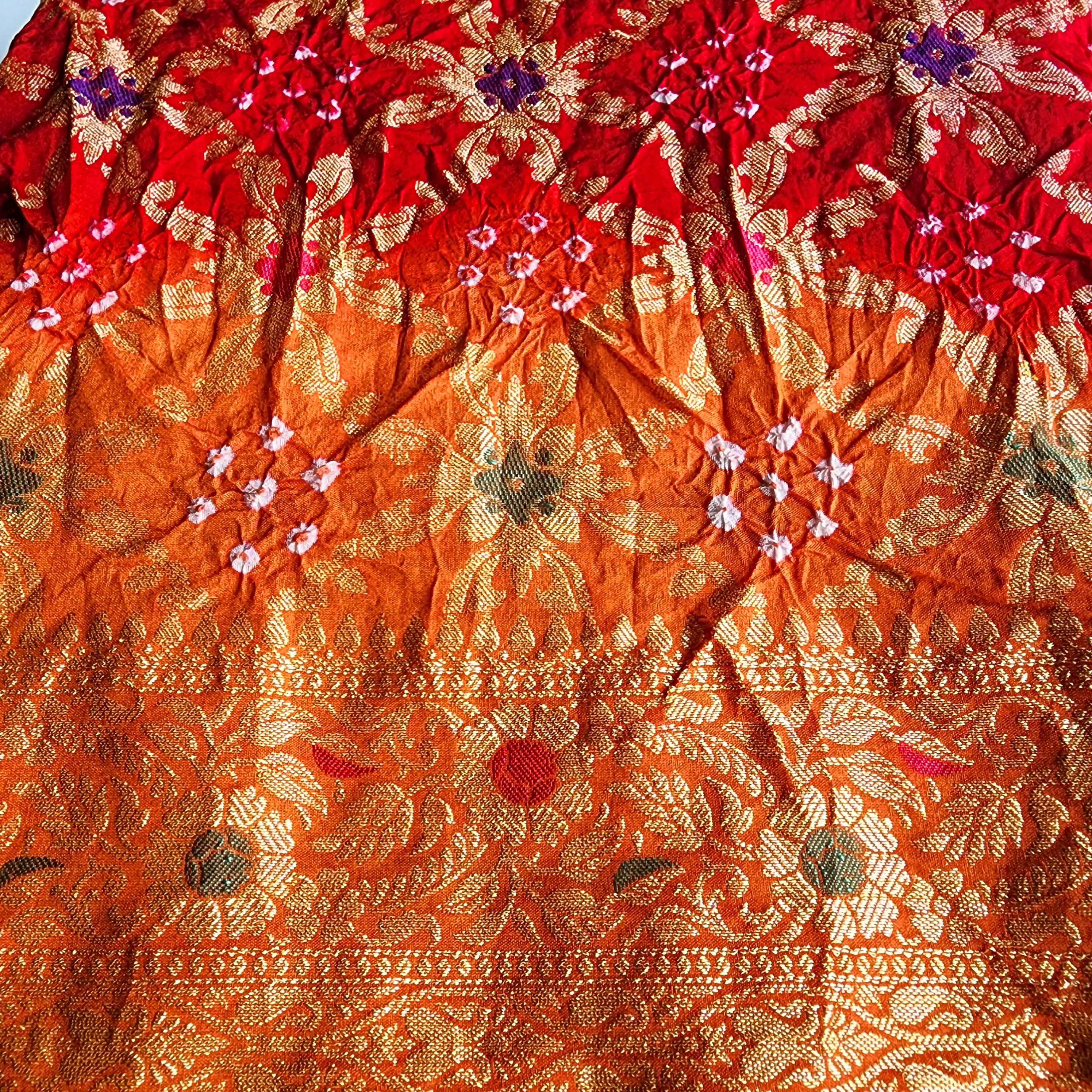Dual-Tone Maroon-Orange Bandhni Dupatta with Golden Border & Banarasi Meenakari Work