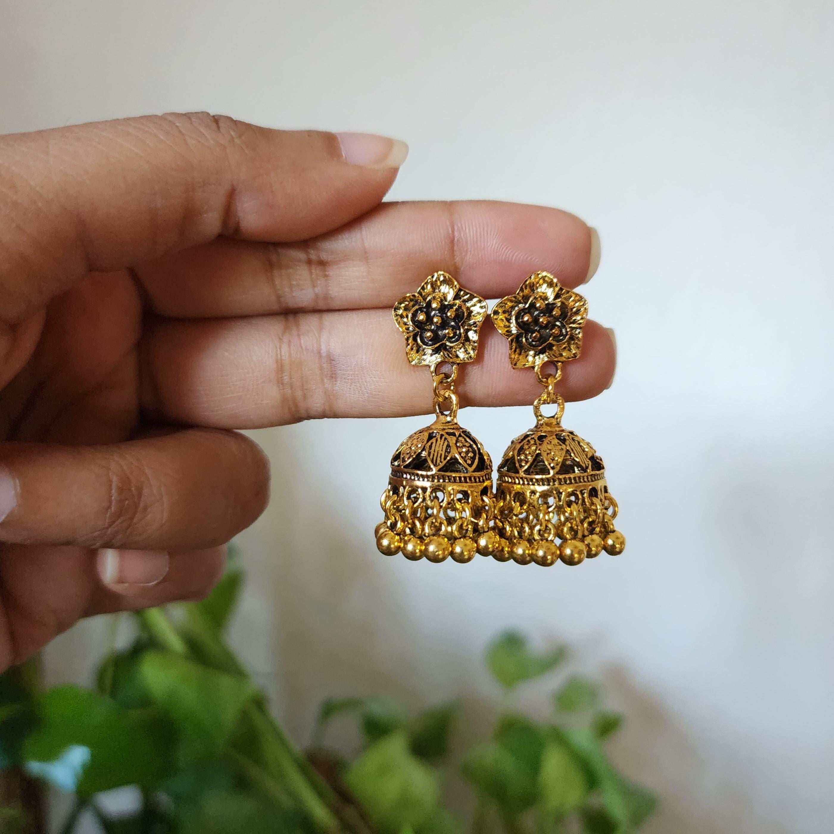 Gold Floral Jhumka Earrings  Traditional Indian Dangle Jewelry