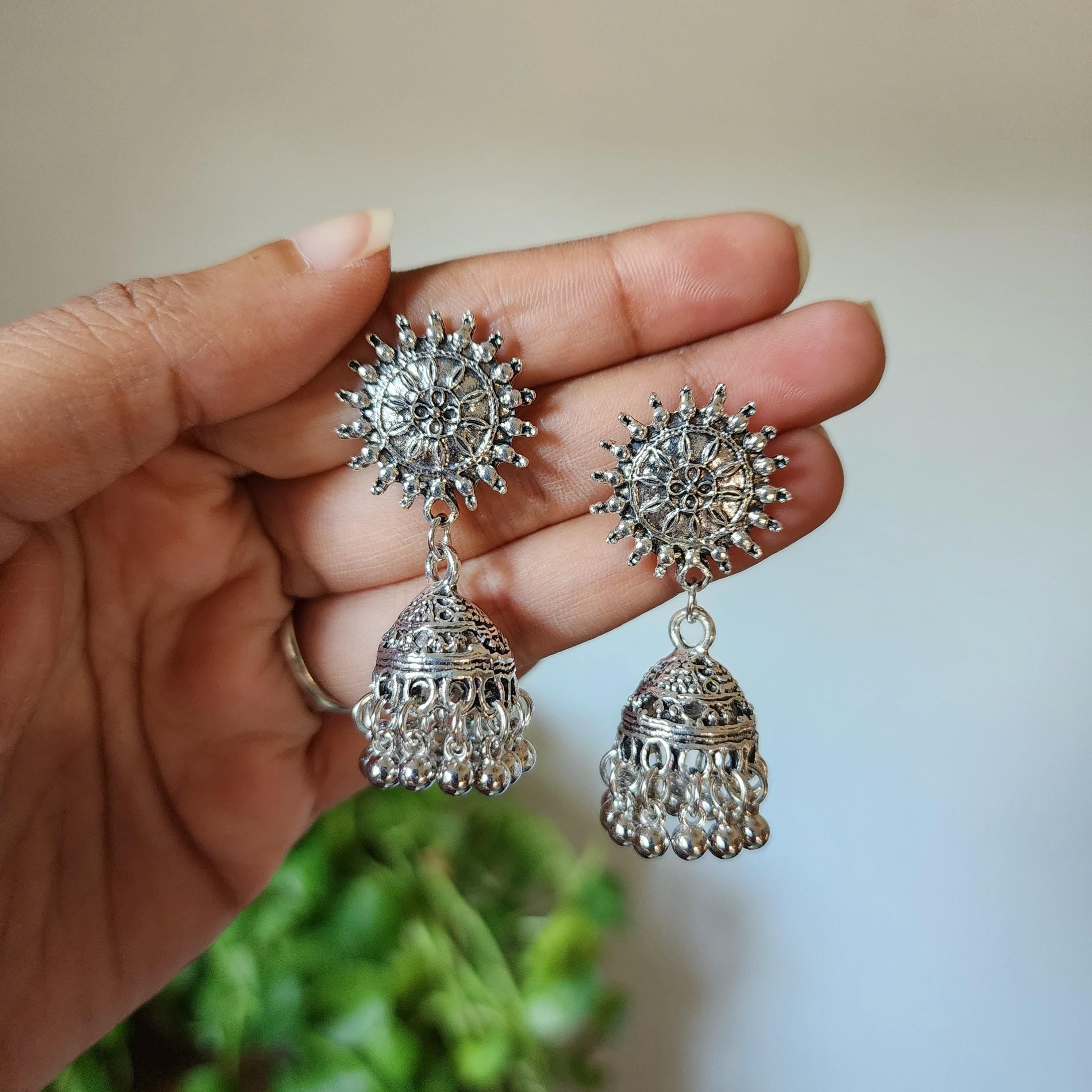 Silver Oxidized Sunburst Jhumkas  Boho Ethnic Statement Earrings