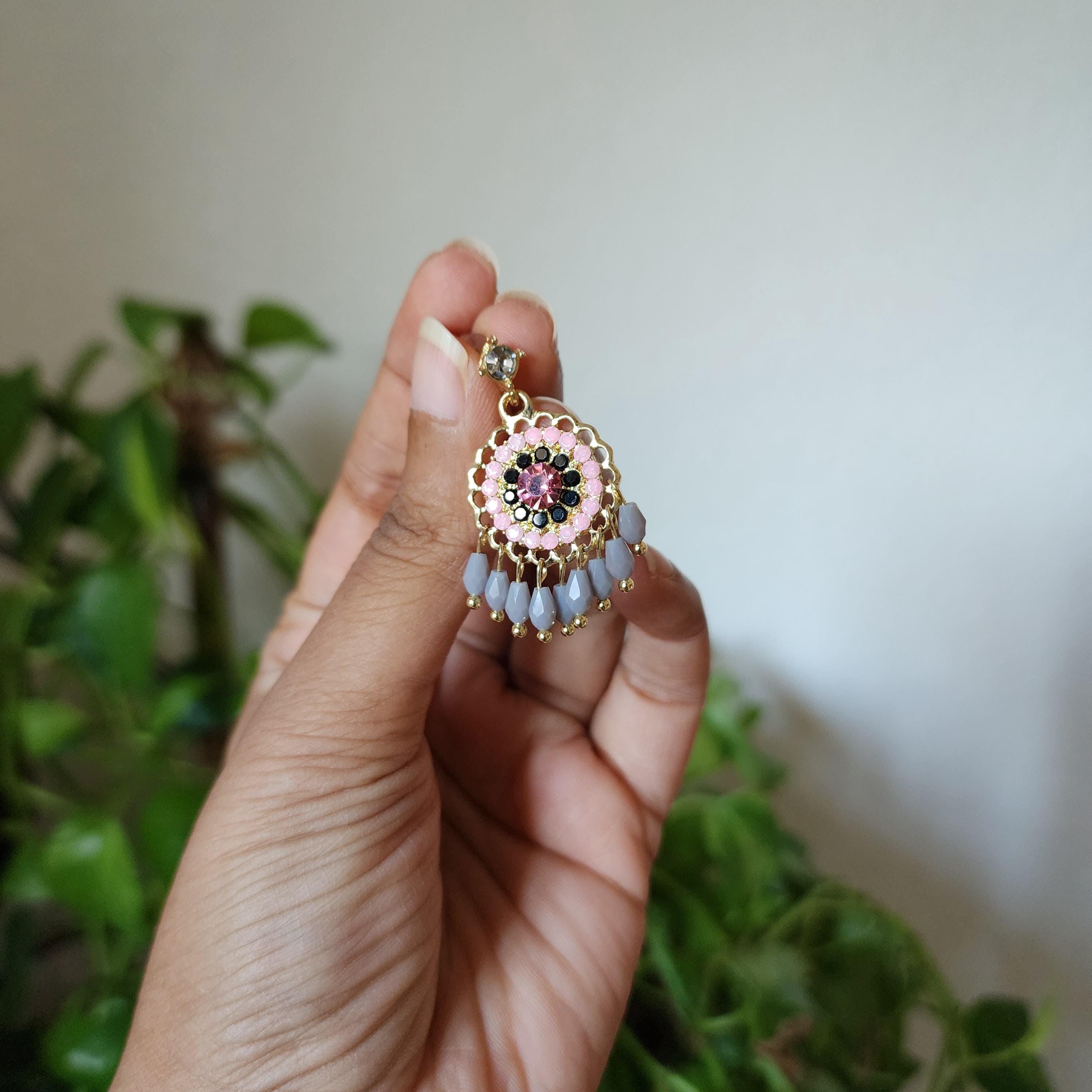 Pink & White Enamel Chandbali Earrings  Festive Bridal Jewelry