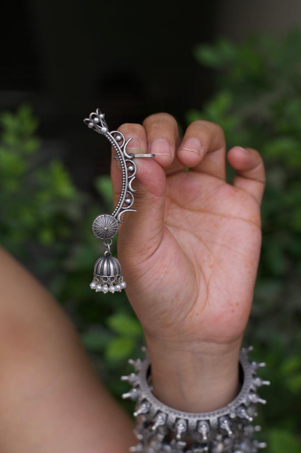 Handcrafted Oxidized Silver Bugadi Ear Cuffs with Traditional Pearl Jhumkas for Festive & Ethnic Wear