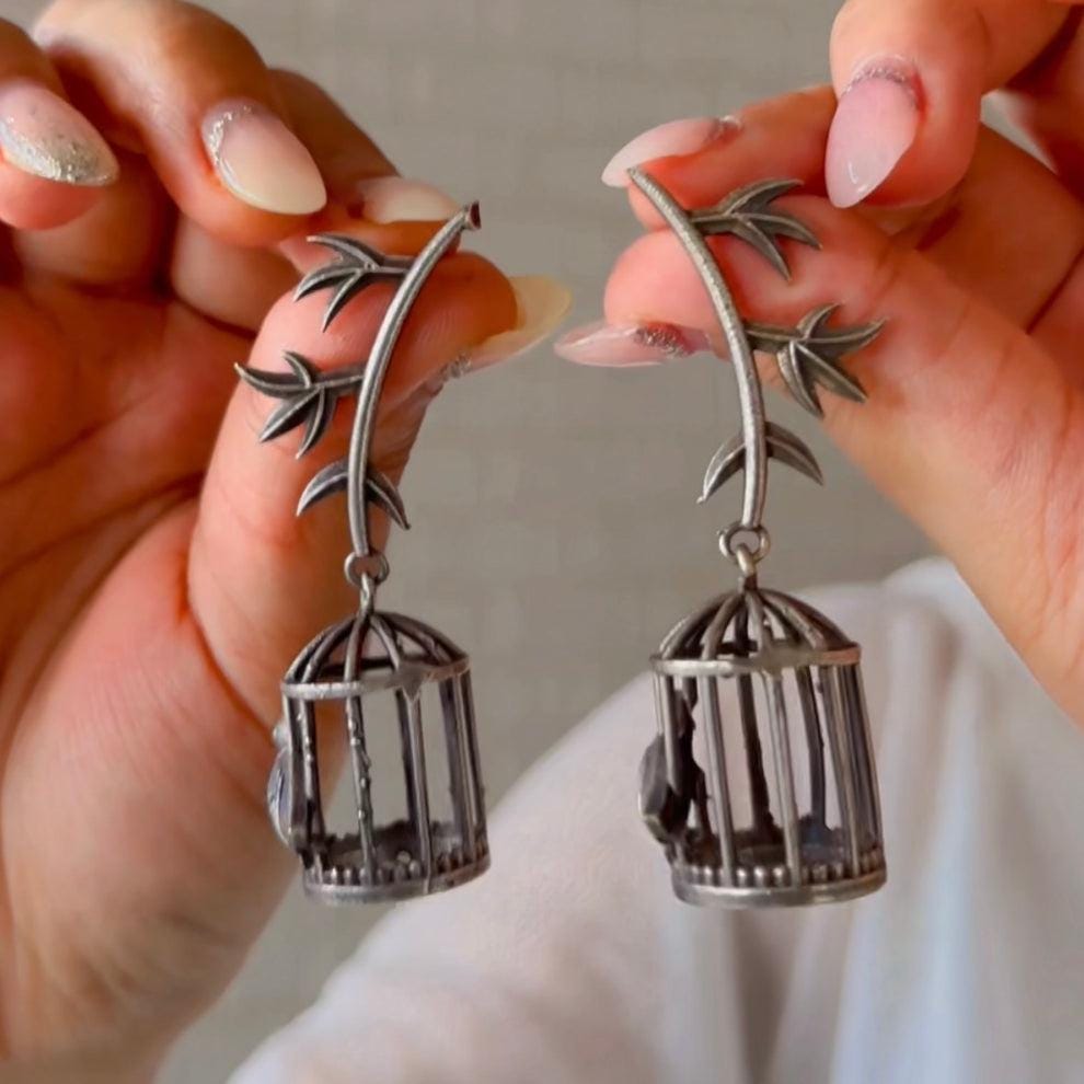 Artistic Oxidized Silver Pinjara Cage Earrings with Unique Hanging Birdcage Design for Statement Styling