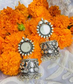 Trendy Oxidized Silver Mirror Jhumkas with Reflective Mirror Center and Pearl Accents for Stylish Looks