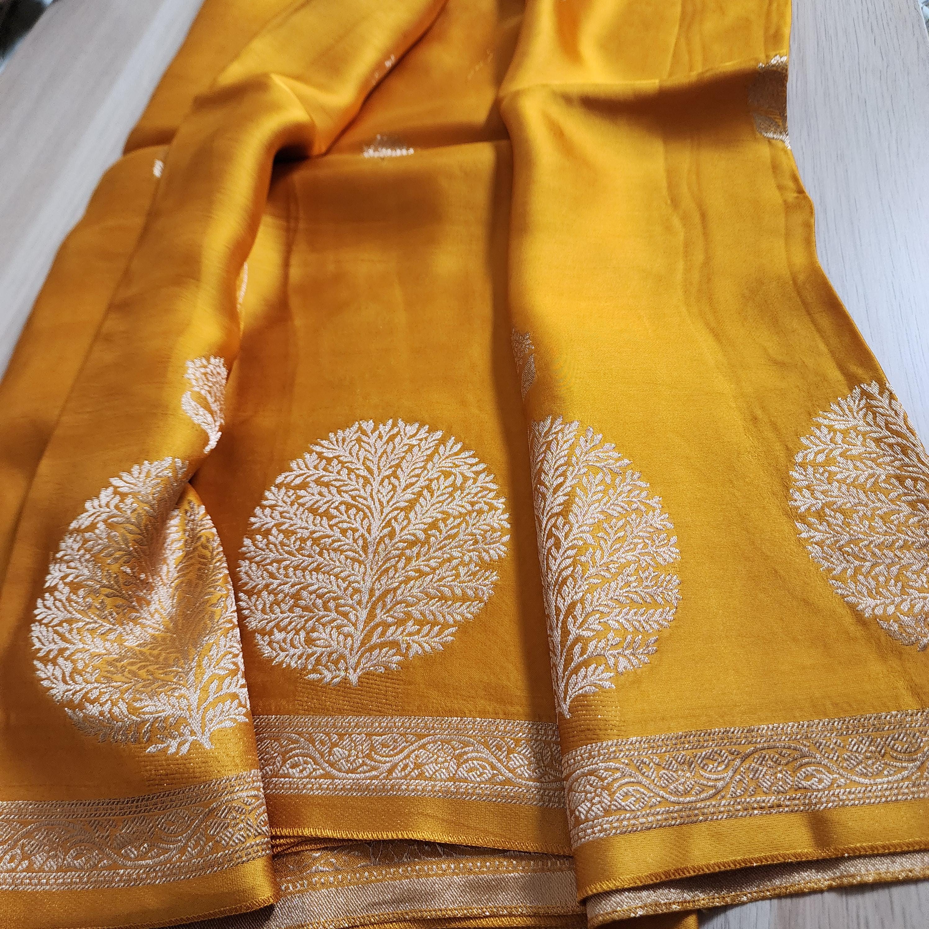 Banarasi Crape Georgette Saree in elegant yellow & light gold Zari