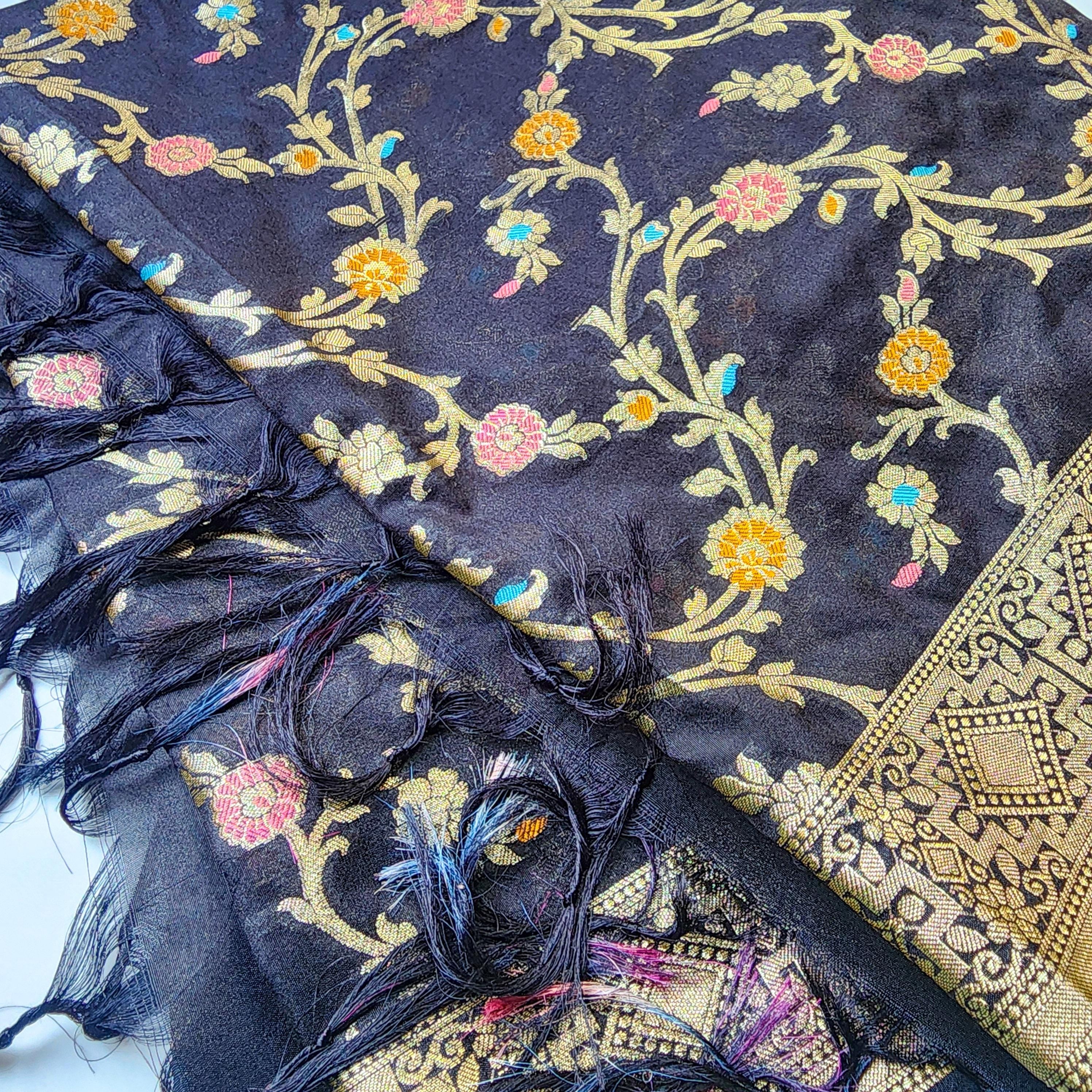 Black Banarasi Silk Dupatta with Gold Zari Border